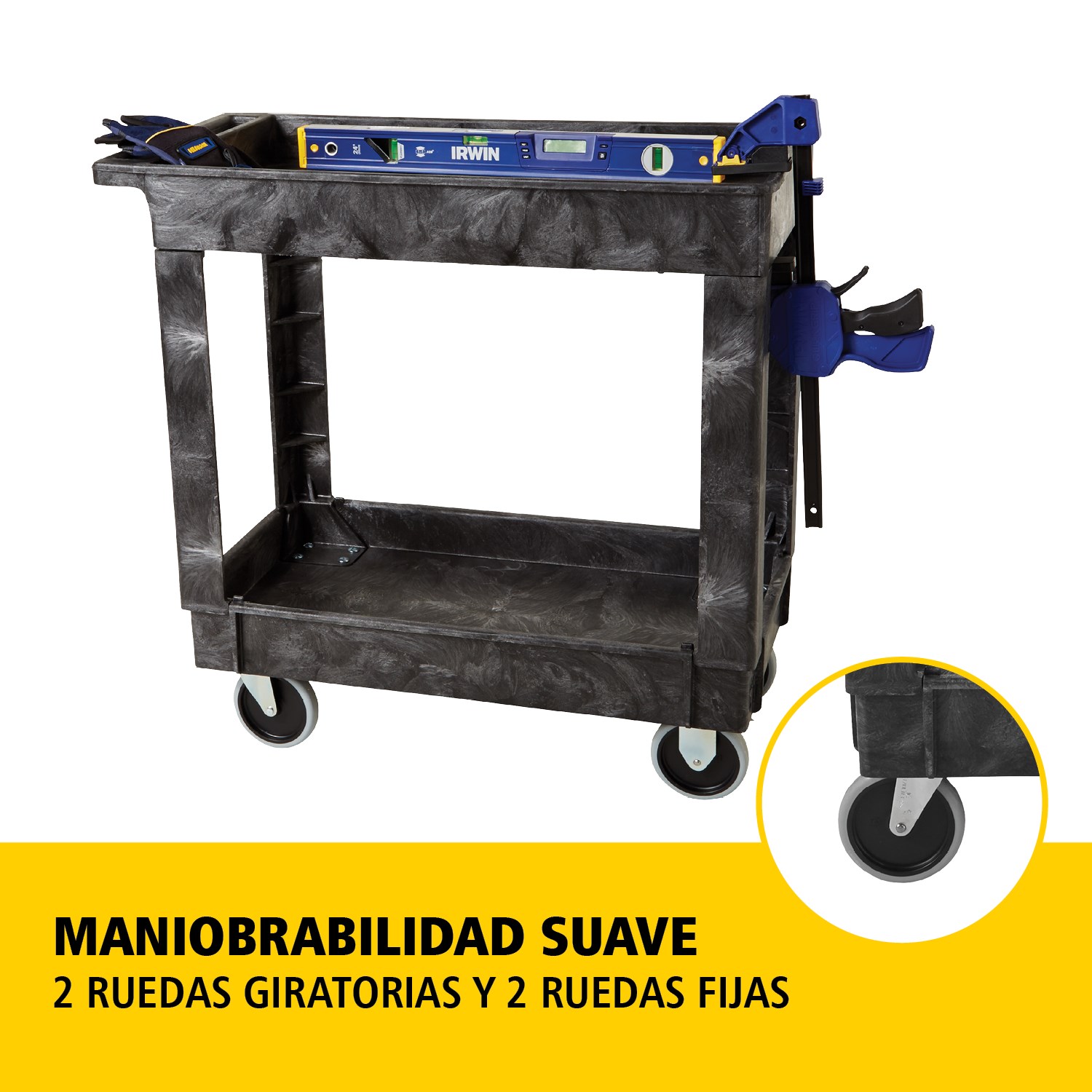 El carro utilitario Heavy-Duty con estantes con borde transporta materiales y cargas pesadas de forma segura hasta 226 kg. Los bordes evitan la caída de objetos.