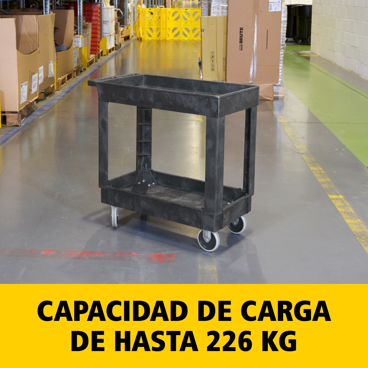 El carro utilitario Heavy-Duty con estantes con borde transporta materiales y cargas pesadas de forma segura hasta 226 kg. Los bordes evitan la caída de objetos.