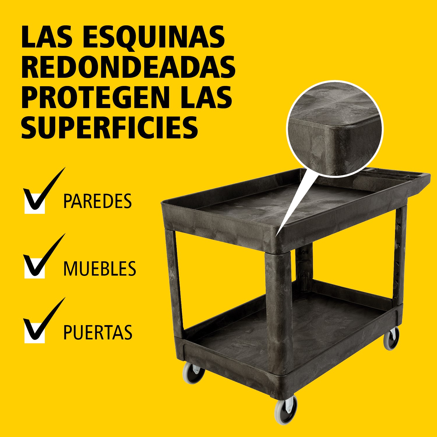 El carro utilitario Heavy-Duty con estantes con borde transporta materiales y cargas pesadas de forma segura hasta 226 kg. Los bordes evitan la caída de objetos.