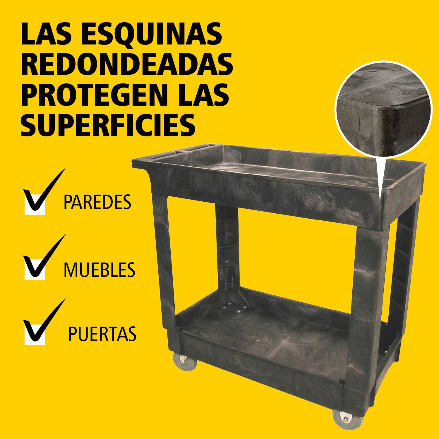 El carro utilitario Heavy-Duty con estantes con borde transporta materiales y cargas pesadas de forma segura hasta 226 kg. Los bordes evitan la caída de objetos.