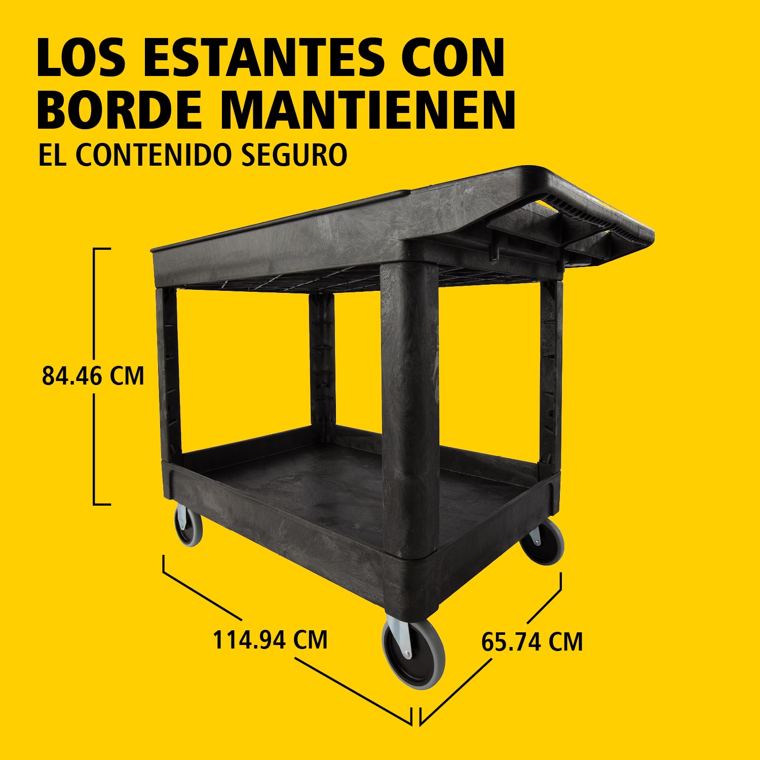 El carro utilitario Heavy-Duty con estantes con borde transporta materiales y cargas pesadas de forma segura hasta 226 kg. Los bordes evitan la caída de objetos.
