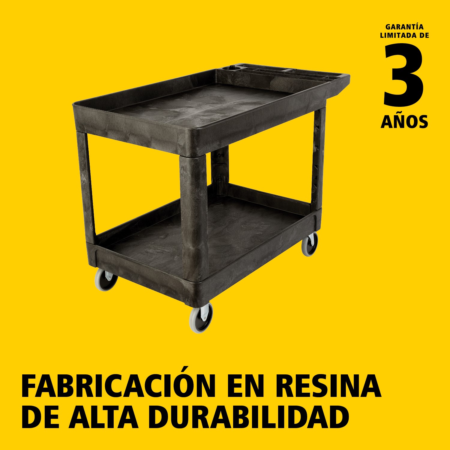 El carro utilitario Heavy-Duty con estantes con borde transporta materiales y cargas pesadas de forma segura hasta 226 kg. Los bordes evitan la caída de objetos.