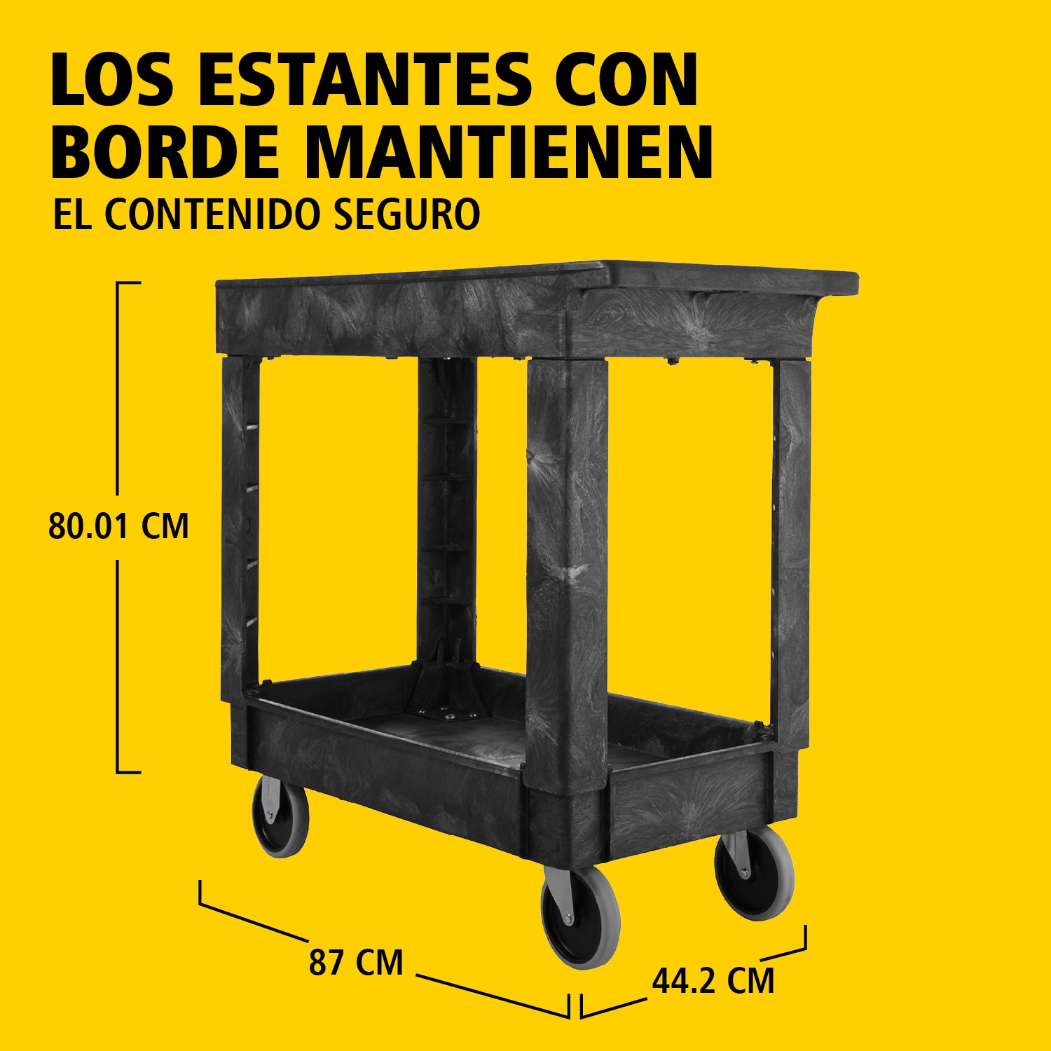 El carro utilitario Heavy-Duty con estantes con borde transporta materiales y cargas pesadas de forma segura hasta 226 kg. Los bordes evitan la caída de objetos.