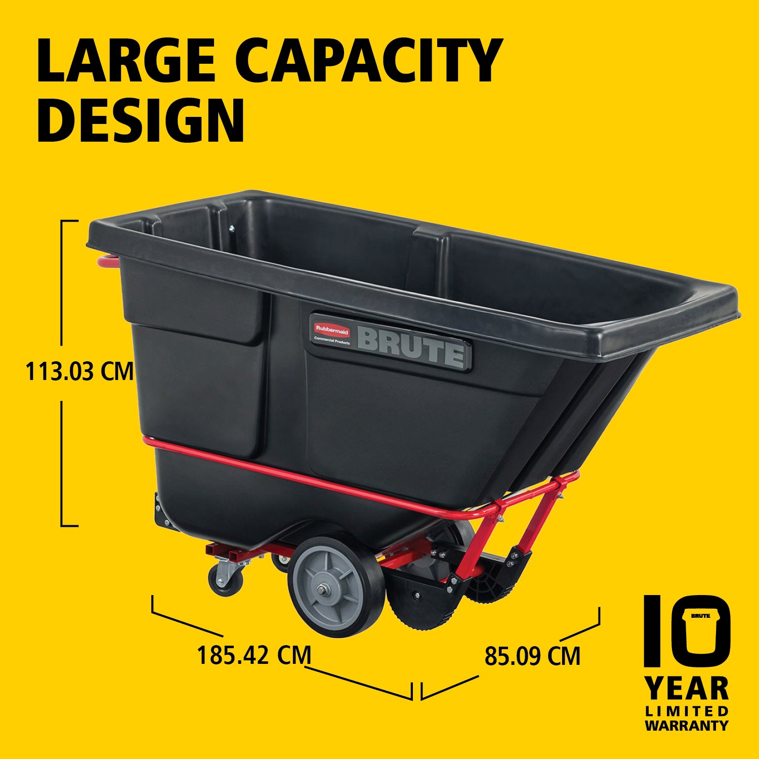 The BRUTE Heavy Duty Rotomolded Tilt Truck 764l has industrial strength construction and can transport heavy loads up to 952Kg with ease. The DuraTilt™ frame enables controlled unloading by one person and reinforced corner points help prevent scraping, and paint transfer onto the ground during unloading.