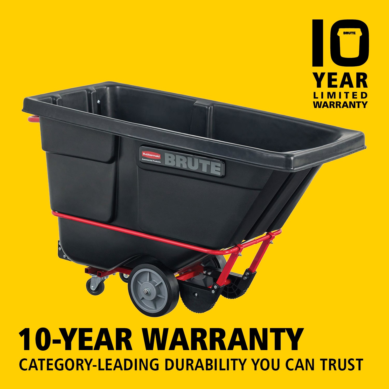 The BRUTE Heavy Duty Rotomolded Tilt Truck 764l has industrial strength construction and can transport heavy loads up to 952Kg with ease. The DuraTilt™ frame enables controlled unloading by one person and reinforced corner points help prevent scraping, and paint transfer onto the ground during unloading.