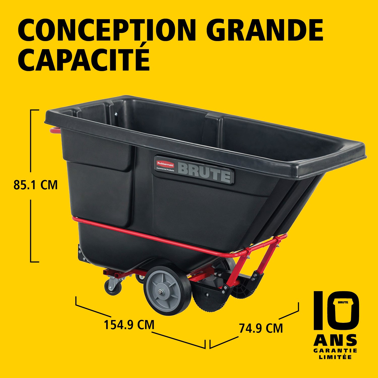 Les chariots bennes basculants BRUTE offrent une construction robuste de qualité industrielle et permettent de transporter facilement des charges lourdes jusqu’à 385 kg – 952 kg (selon le modèle). Le châssis DuraTilt™ permet un basculement contrôlé par une seule personne et les coins renforcés limitent les frottements et le transfert de peinture au sol lors du vidage.