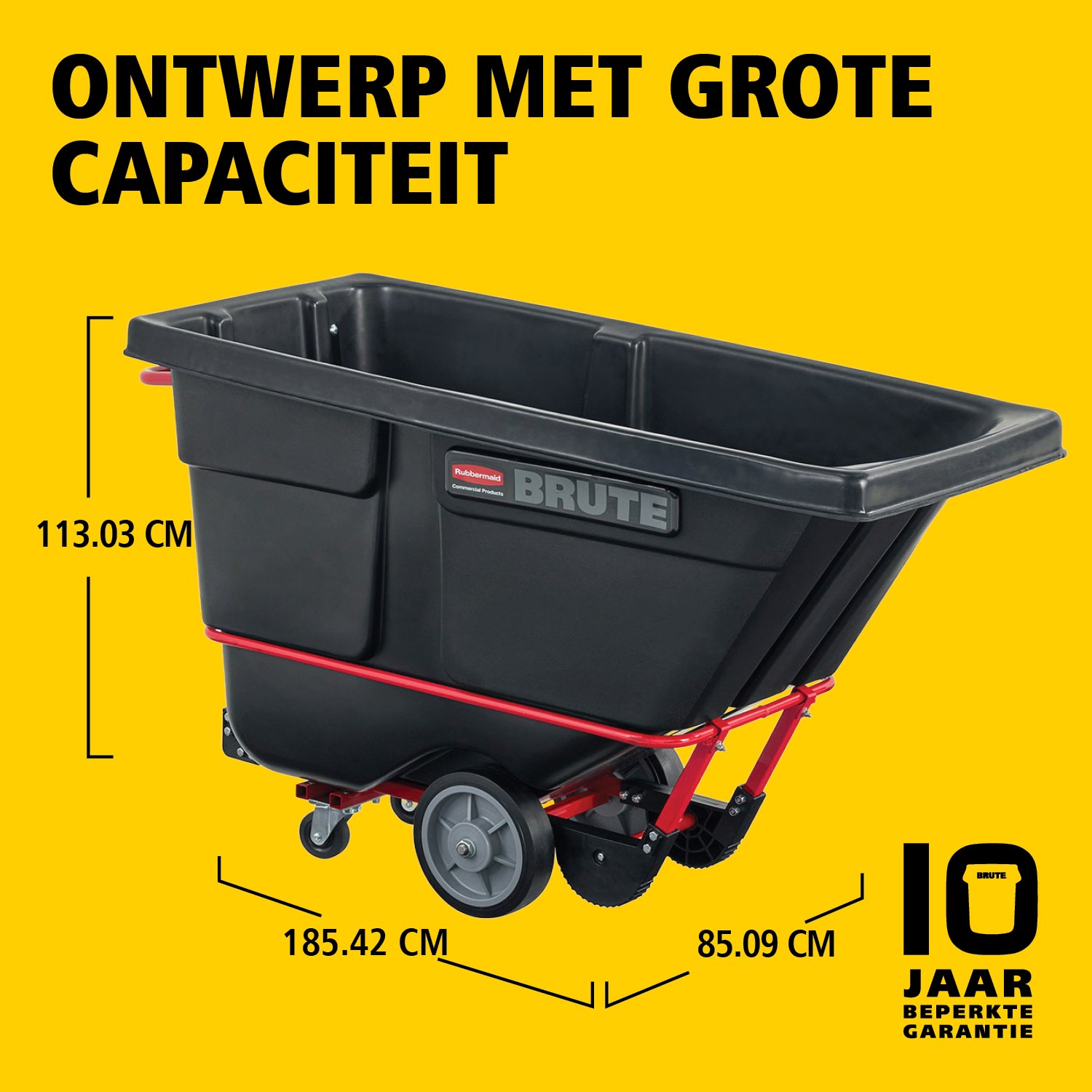 De BRUTE kiepwagen heeft een industriële constructie en transporteert zware lasten tot 385 kg – 952 kg (afhankelijk van het model). Het DuraTilt™-frame maakt gecontroleerd legen door één persoon mogelijk en versterkte hoeken helpen slijtage en verfafgifte te voorkomen.