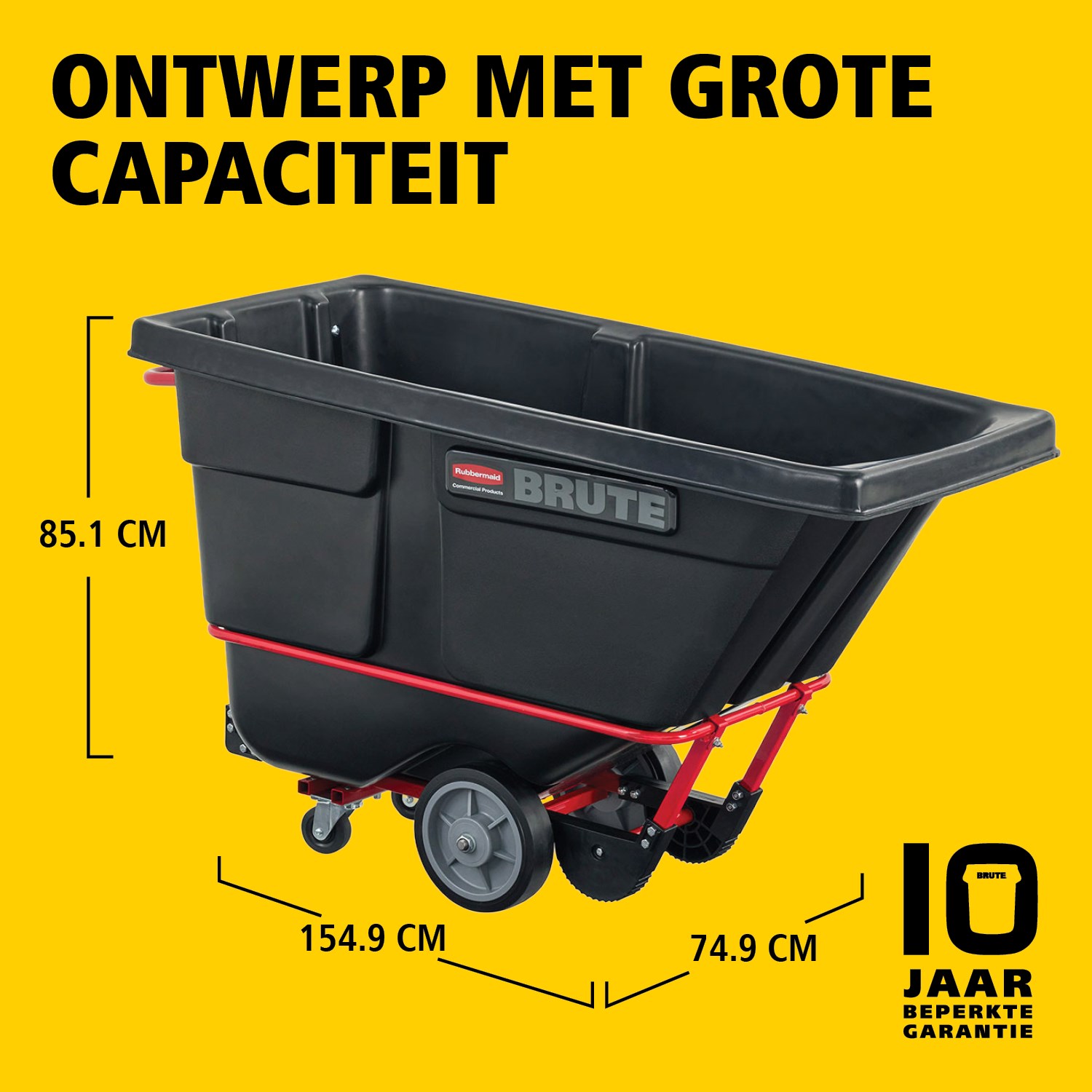 De BRUTE kiepwagen heeft een industriële constructie en transporteert zware lasten tot 385 kg – 952 kg (afhankelijk van het model). Het DuraTilt™-frame maakt gecontroleerd legen door één persoon mogelijk en versterkte hoeken helpen slijtage en verfafgifte te voorkomen.