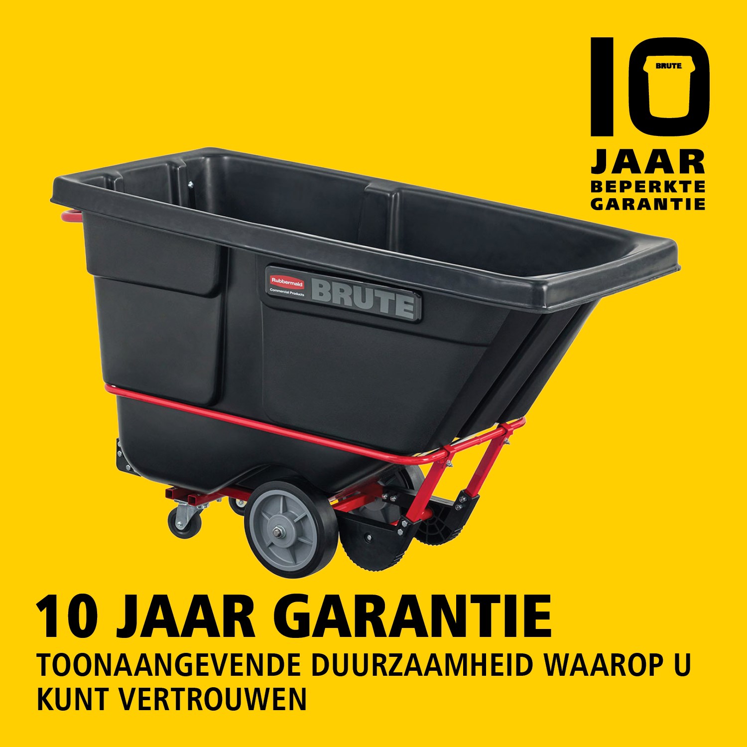 De BRUTE kiepwagen heeft een industriële constructie en transporteert zware lasten tot 385 kg – 952 kg (afhankelijk van het model). Het DuraTilt™-frame maakt gecontroleerd legen door één persoon mogelijk en versterkte hoeken helpen slijtage en verfafgifte te voorkomen.