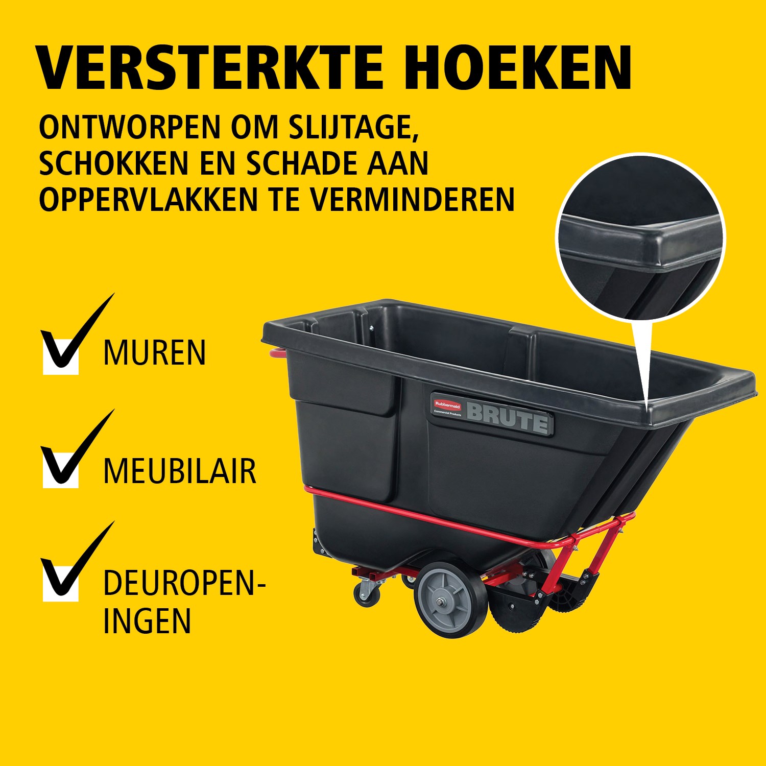 De BRUTE kiepwagen heeft een industriële constructie en transporteert zware lasten tot 385 kg – 952 kg (afhankelijk van het model). Het DuraTilt™-frame maakt gecontroleerd legen door één persoon mogelijk en versterkte hoeken helpen slijtage en verfafgifte te voorkomen.