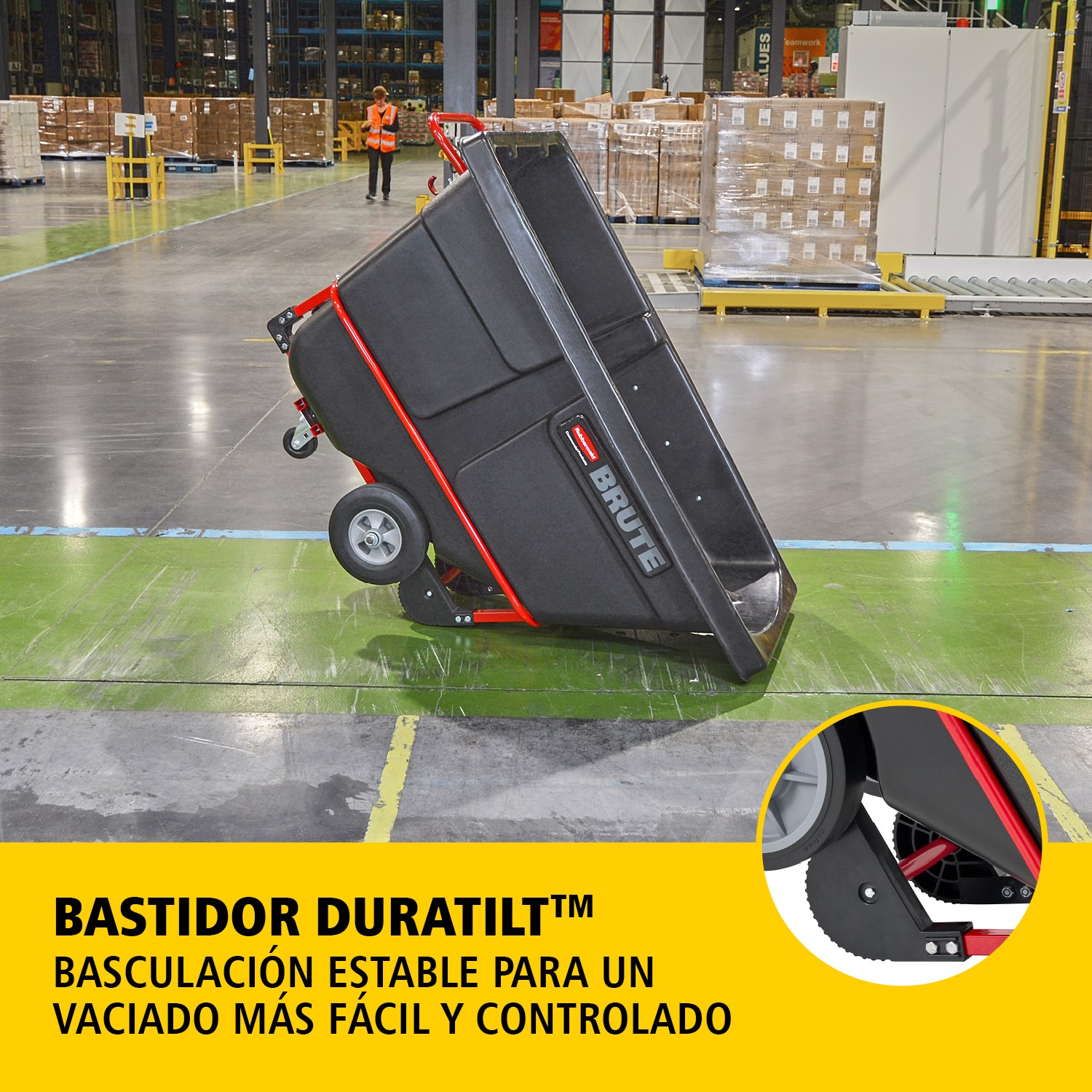 El carro basculante BRUTE cuenta con una construcción de resistencia industrial y transporta cargas de hasta 385 kg – 952 kg (según el modelo). El sistema DuraTilt™ permite el vaciado controlado por una sola persona y las esquinas reforzadas ayudan a evitar arañazos y transferencias de pintura al suelo.