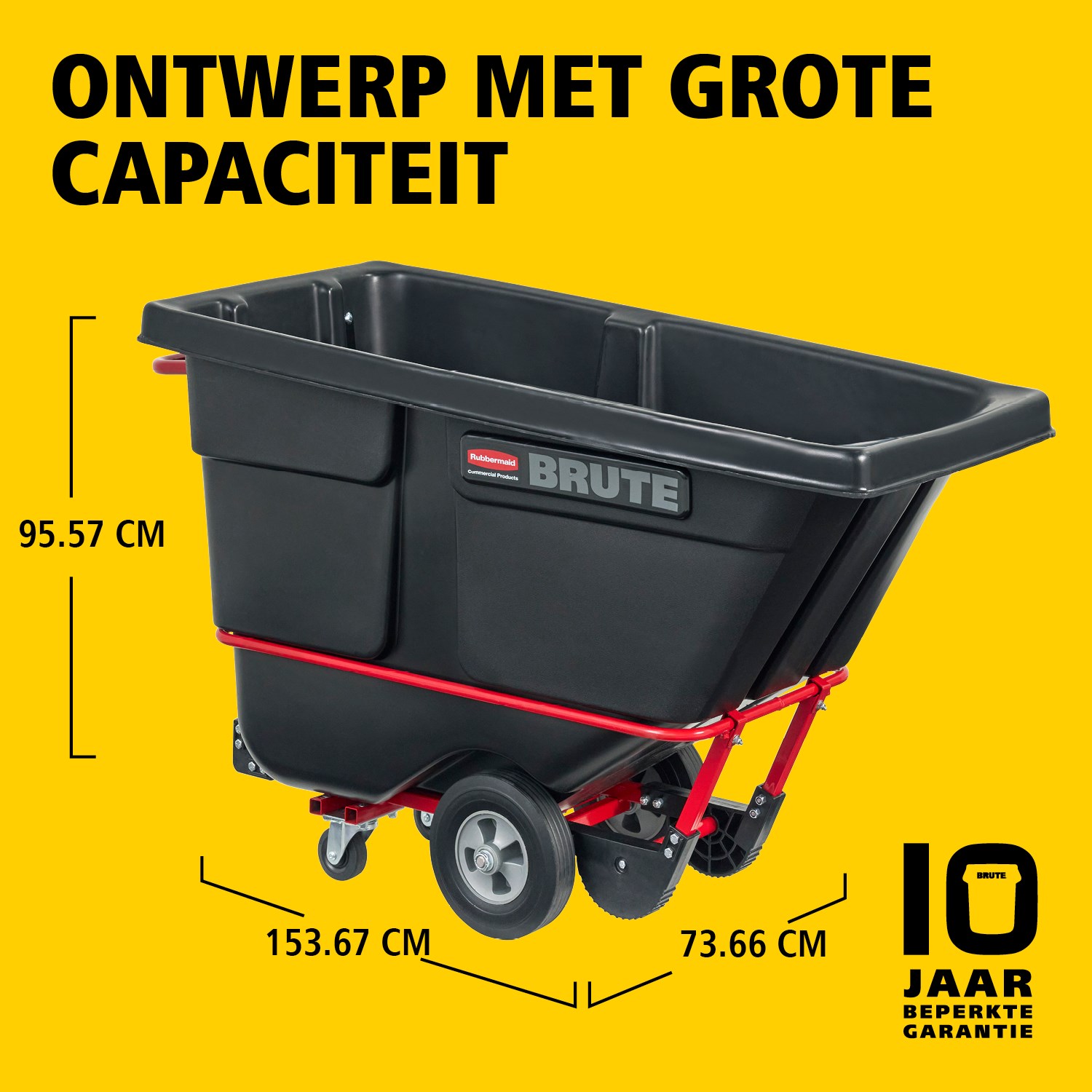 De BRUTE kiepwagen heeft een industriële constructie en transporteert zware lasten tot 385 kg – 952 kg (afhankelijk van het model). Het DuraTilt™-frame maakt gecontroleerd legen door één persoon mogelijk en versterkte hoeken helpen slijtage en verfafgifte te voorkomen.