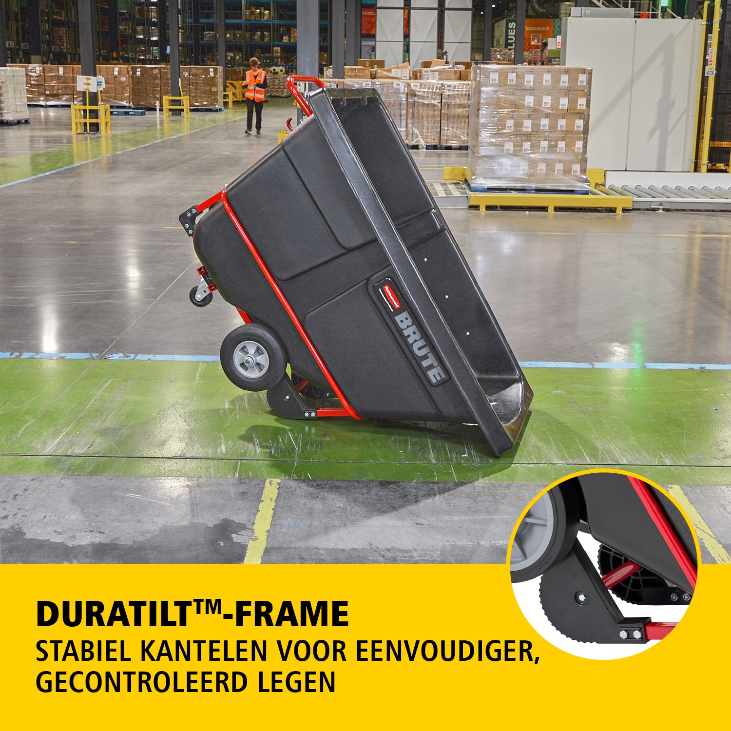 De BRUTE kiepwagen heeft een industriële constructie en transporteert zware lasten tot 385 kg – 952 kg (afhankelijk van het model). Het DuraTilt™-frame maakt gecontroleerd legen door één persoon mogelijk en versterkte hoeken helpen slijtage en verfafgifte te voorkomen.