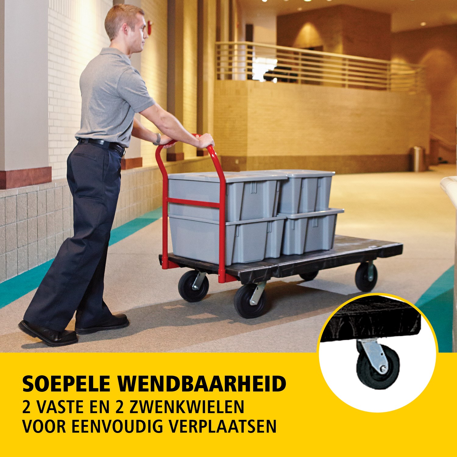 De heavy-duty platformwagen is ideaal voor het efficiënt verplaatsen van grote, zware en omvangrijke lasten binnen een faciliteit, met een capaciteit tot 454 kg – 907 kg (afhankelijk van het model).