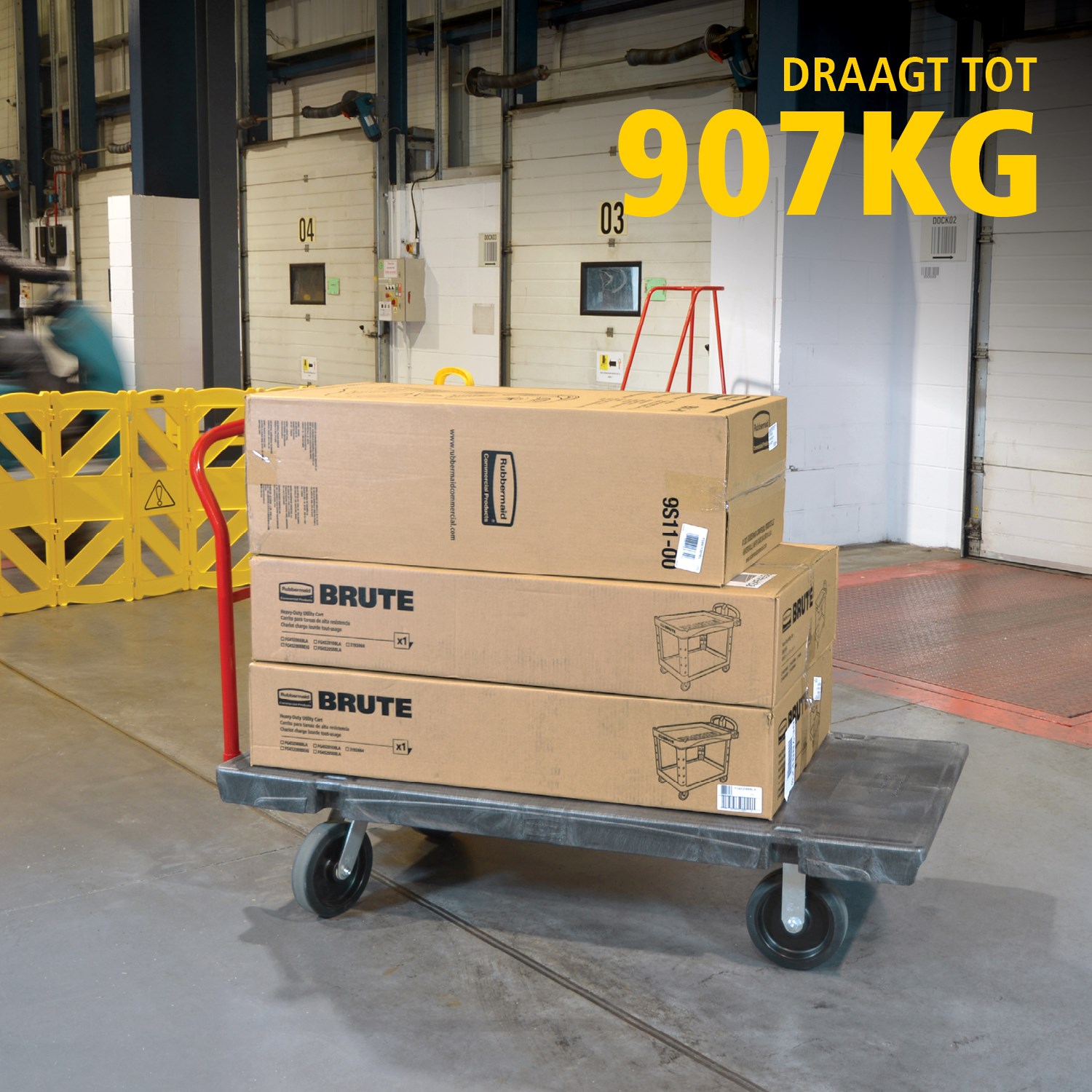 De heavy-duty platformwagen is ideaal voor het efficiënt verplaatsen van grote, zware en omvangrijke lasten binnen een faciliteit, met een capaciteit tot 454 kg – 907 kg (afhankelijk van het model).