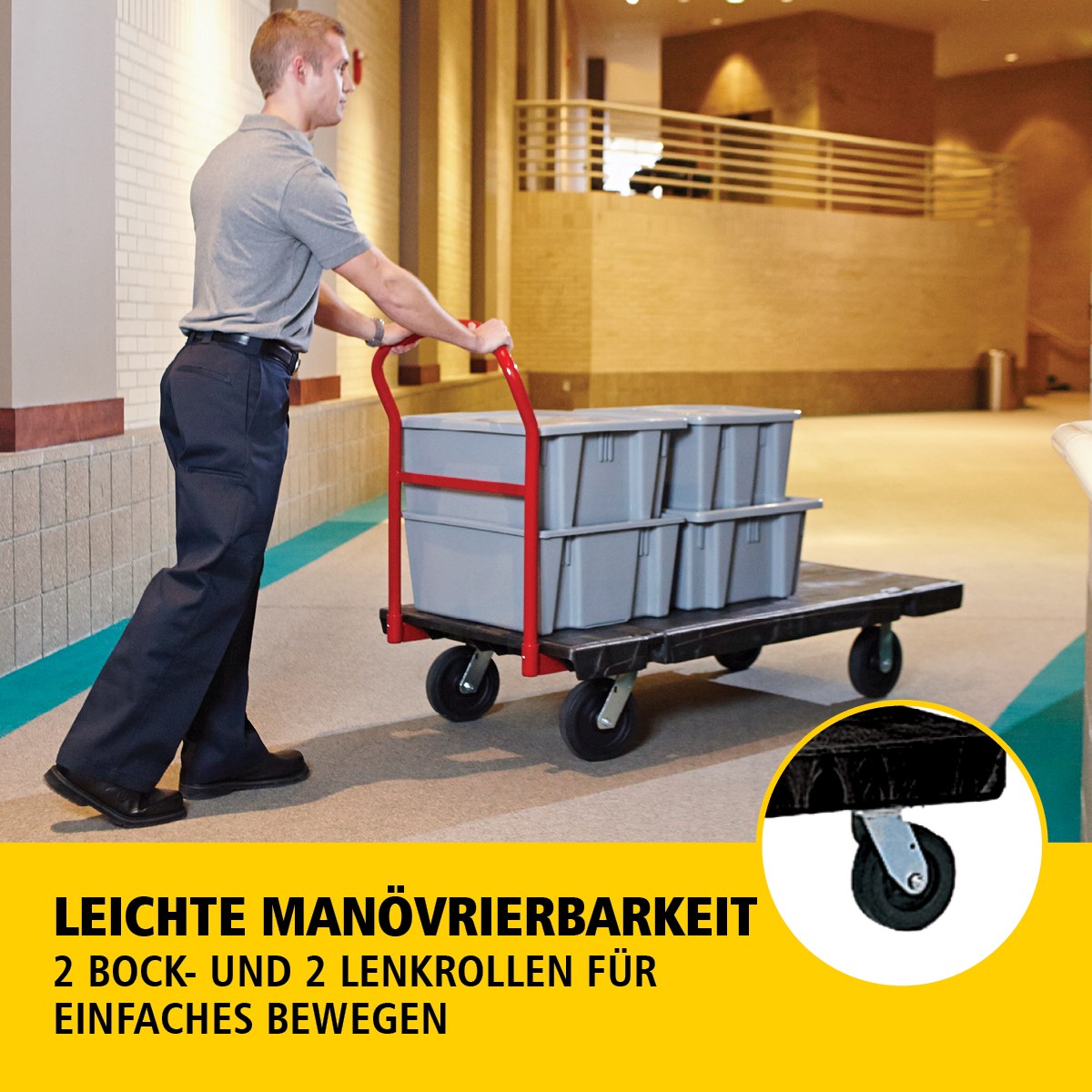 Der Heavy-Duty Plattformwagen ist ideal für den effizienten Transport großer, schwerer und sperriger Lasten innerhalb einer Einrichtung, mit einer Tragfähigkeit von bis zu 454 kg – 907 kg (modellabhängig).