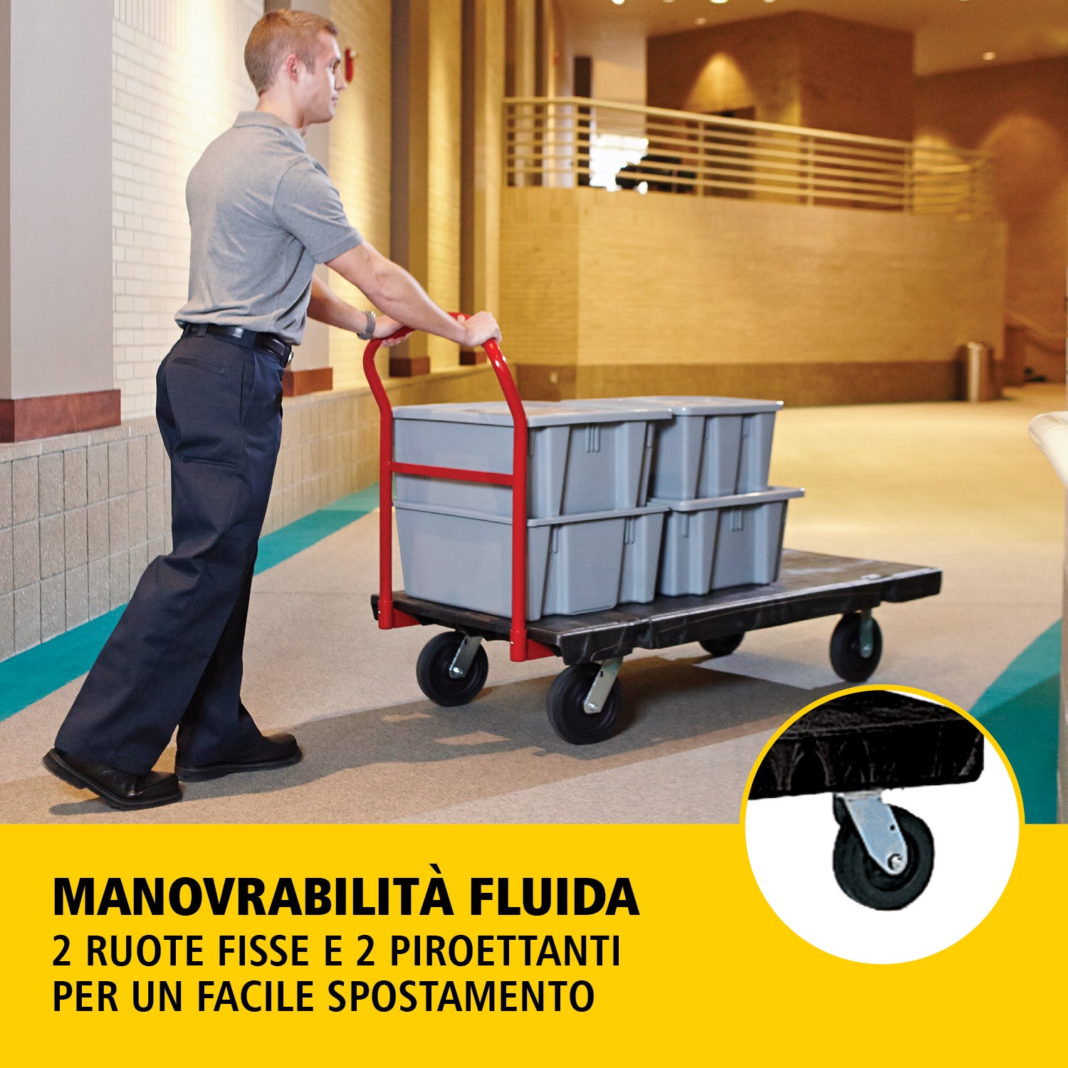Il carrello piattaforma Heavy-Duty è ideale per movimentare carichi grandi, pesanti e ingombranti in modo efficiente, con una capacità fino a 454 kg – 907 kg (a seconda del modello).