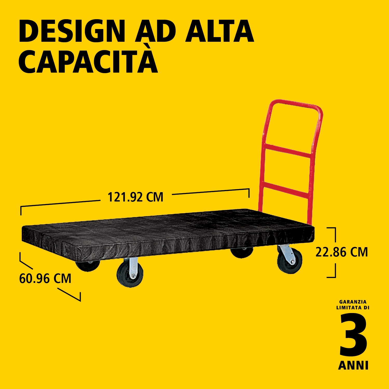 Il carrello piattaforma Heavy-Duty è ideale per movimentare carichi grandi, pesanti e ingombranti in modo efficiente, con una capacità fino a 454 kg – 907 kg (a seconda del modello).