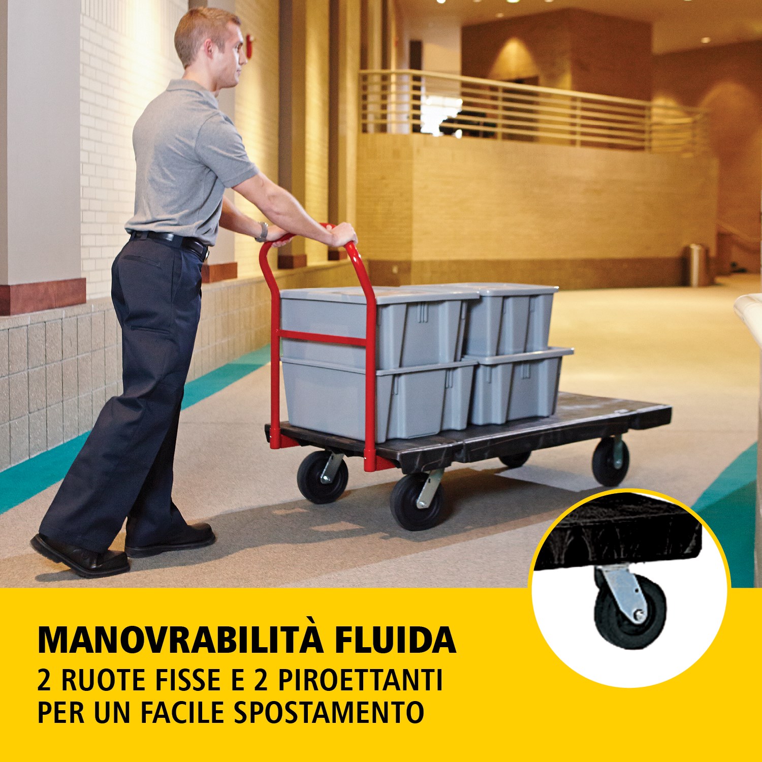 Il carrello piattaforma Heavy-Duty è ideale per movimentare carichi grandi, pesanti e ingombranti in modo efficiente, con una capacità fino a 454 kg – 907 kg (a seconda del modello).