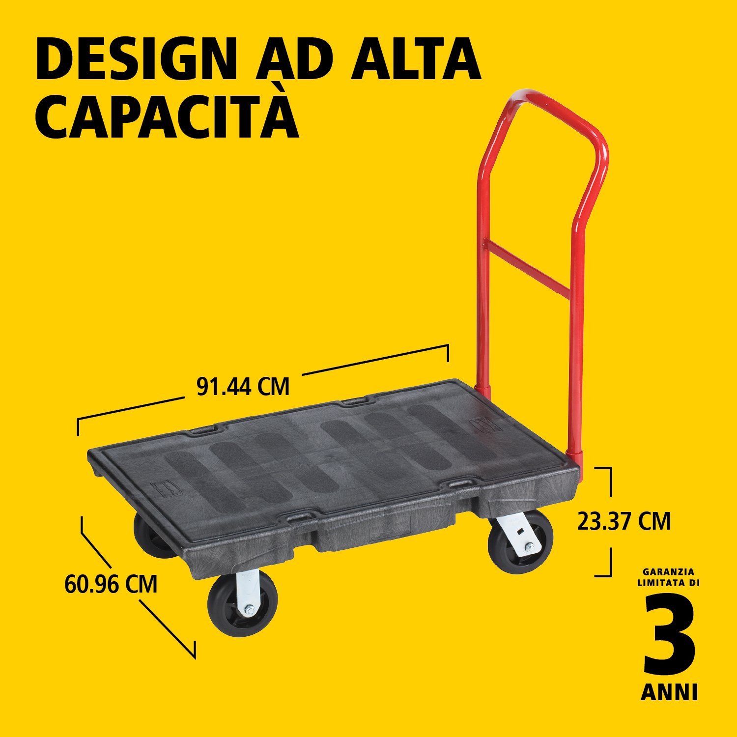 Il carrello piattaforma Heavy-Duty è ideale per movimentare carichi grandi, pesanti e ingombranti in modo efficiente, con una capacità fino a 454 kg – 907 kg (a seconda del modello).