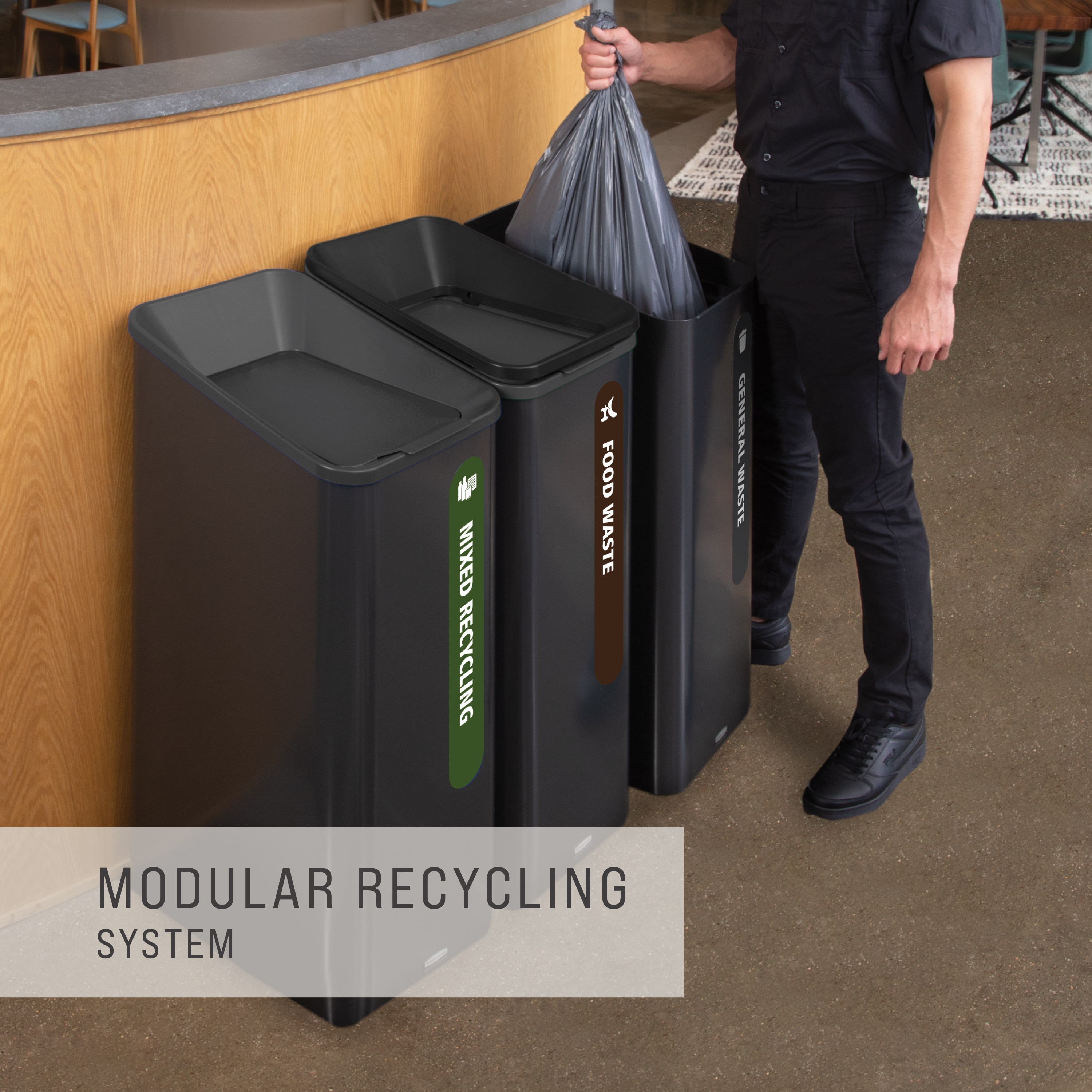 Sustain Containers are premium recycling stations designed to streamline waste separation, support sustainability goals, and complement modern commercial interiors.