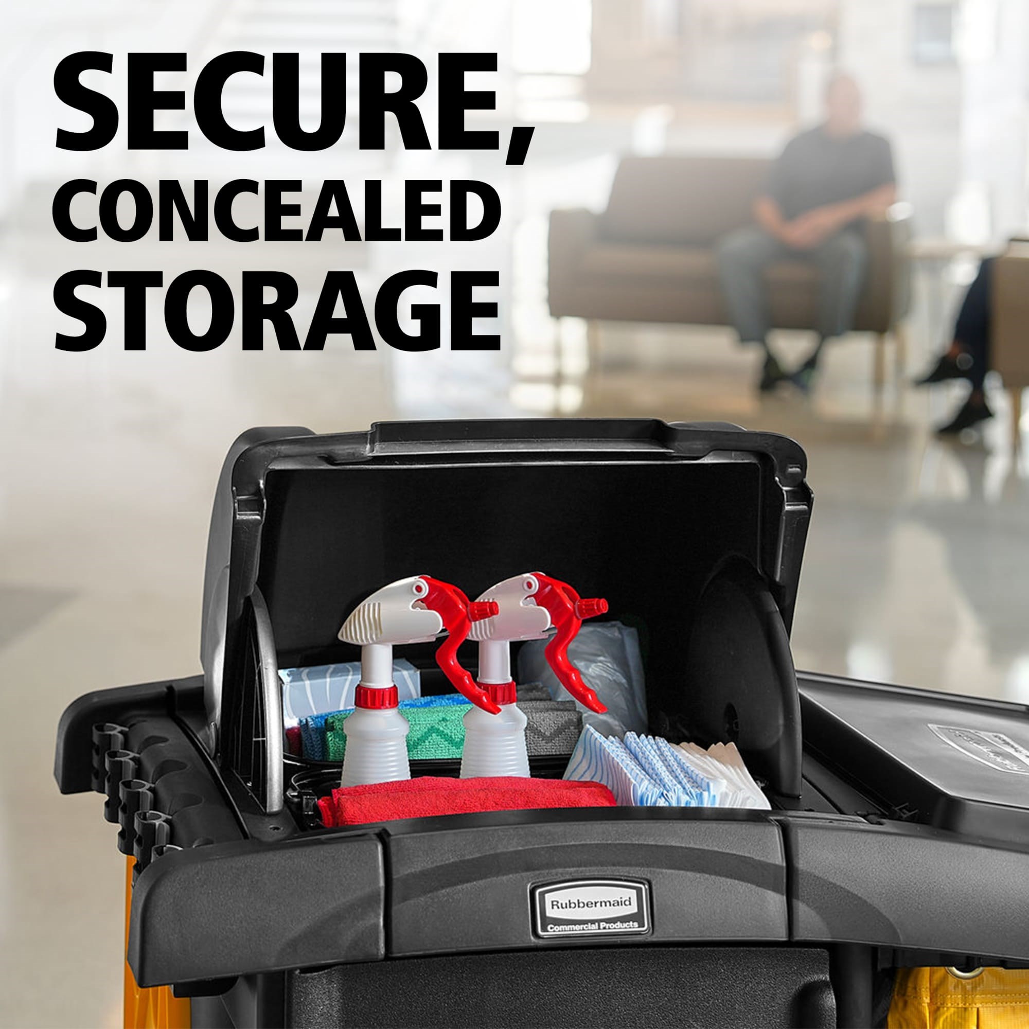 The Rubbermaid Commercial Products® Locking Security Hood, designed for RCP High-Capacity and High-Security Janitorial Cleaning Carts, combines secure supply concealment with single-lock access to secured storage areas, keeping essential supplies protected and within reach.