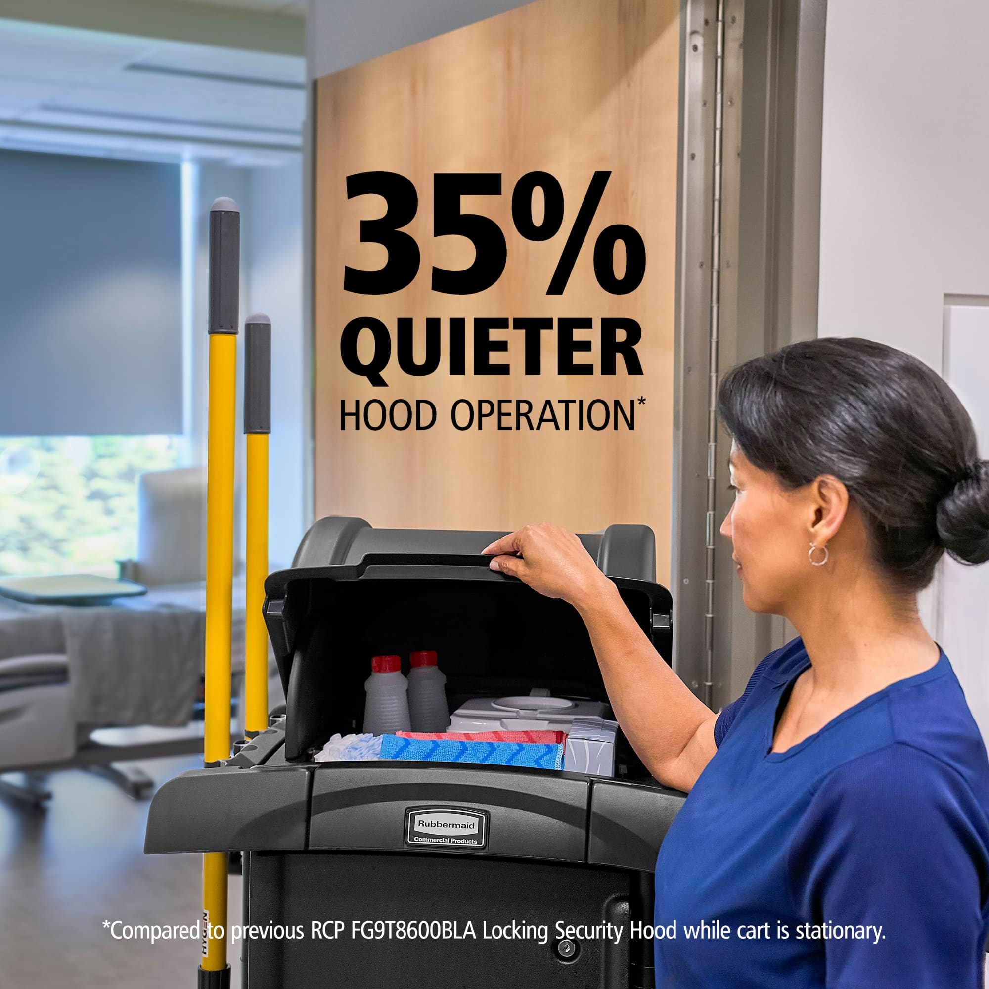 The Rubbermaid Commercial Products® Locking Security Hood, designed for RCP High-Capacity and High-Security Janitorial Cleaning Carts, combines secure supply concealment with single-lock access to secured storage areas, keeping essential supplies protected and within reach.