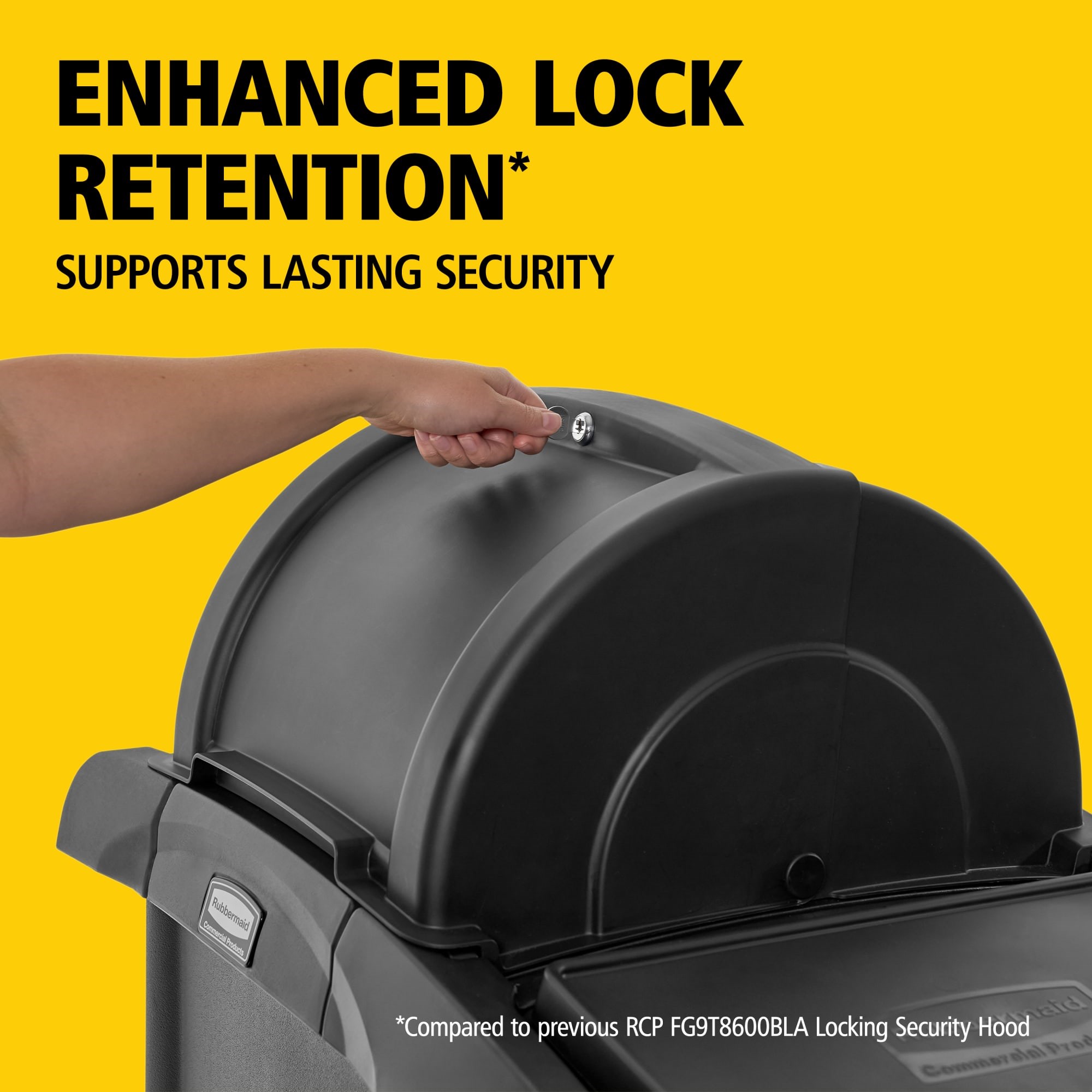 The Rubbermaid Commercial Products® Locking Security Hood, designed for RCP High-Capacity and High-Security Janitorial Cleaning Carts, combines secure supply concealment with single-lock access to secured storage areas, keeping essential supplies protected and within reach.