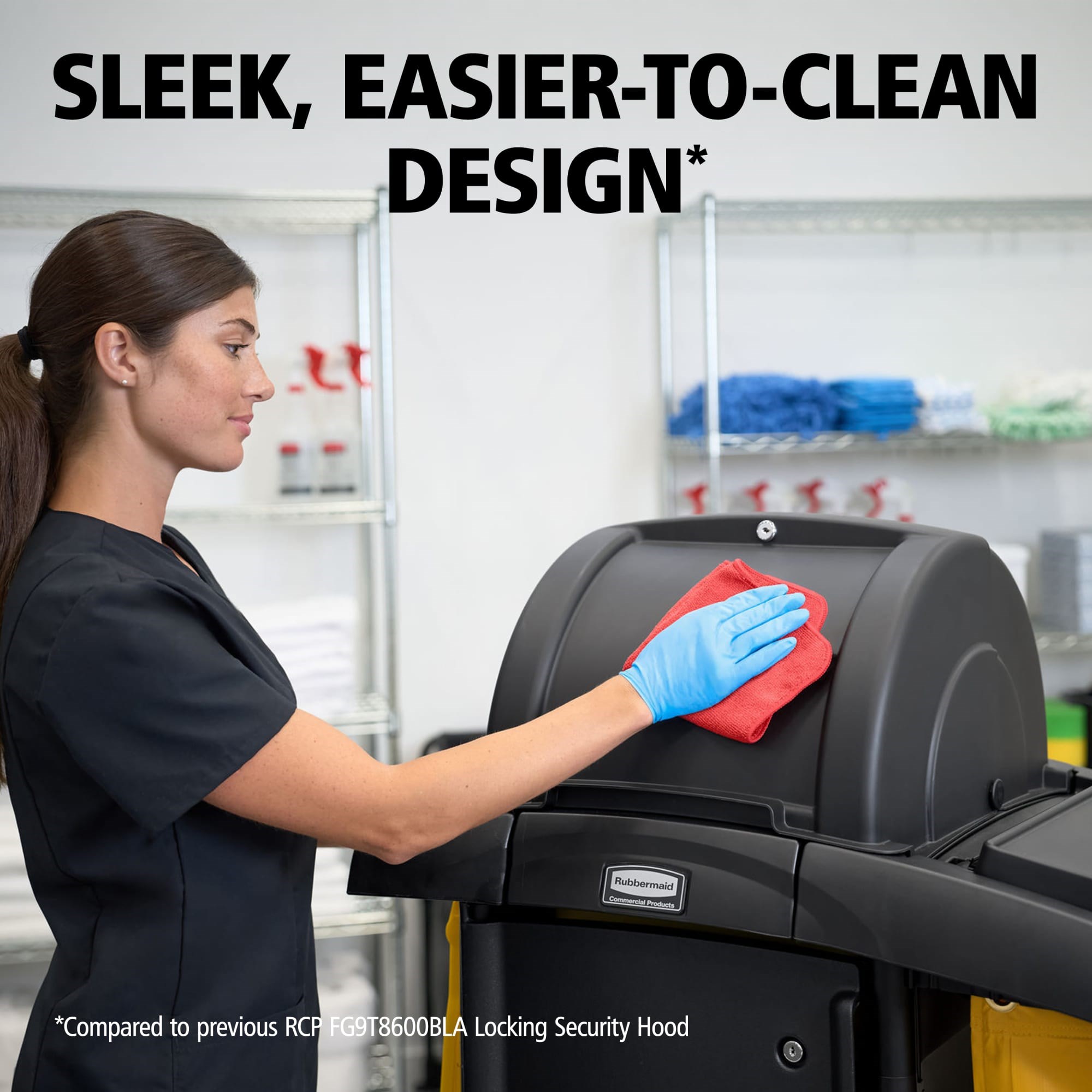 The Rubbermaid Commercial Products® Locking Security Hood, designed for RCP High-Capacity and High-Security Janitorial Cleaning Carts, combines secure supply concealment with single-lock access to secured storage areas, keeping essential supplies protected and within reach.