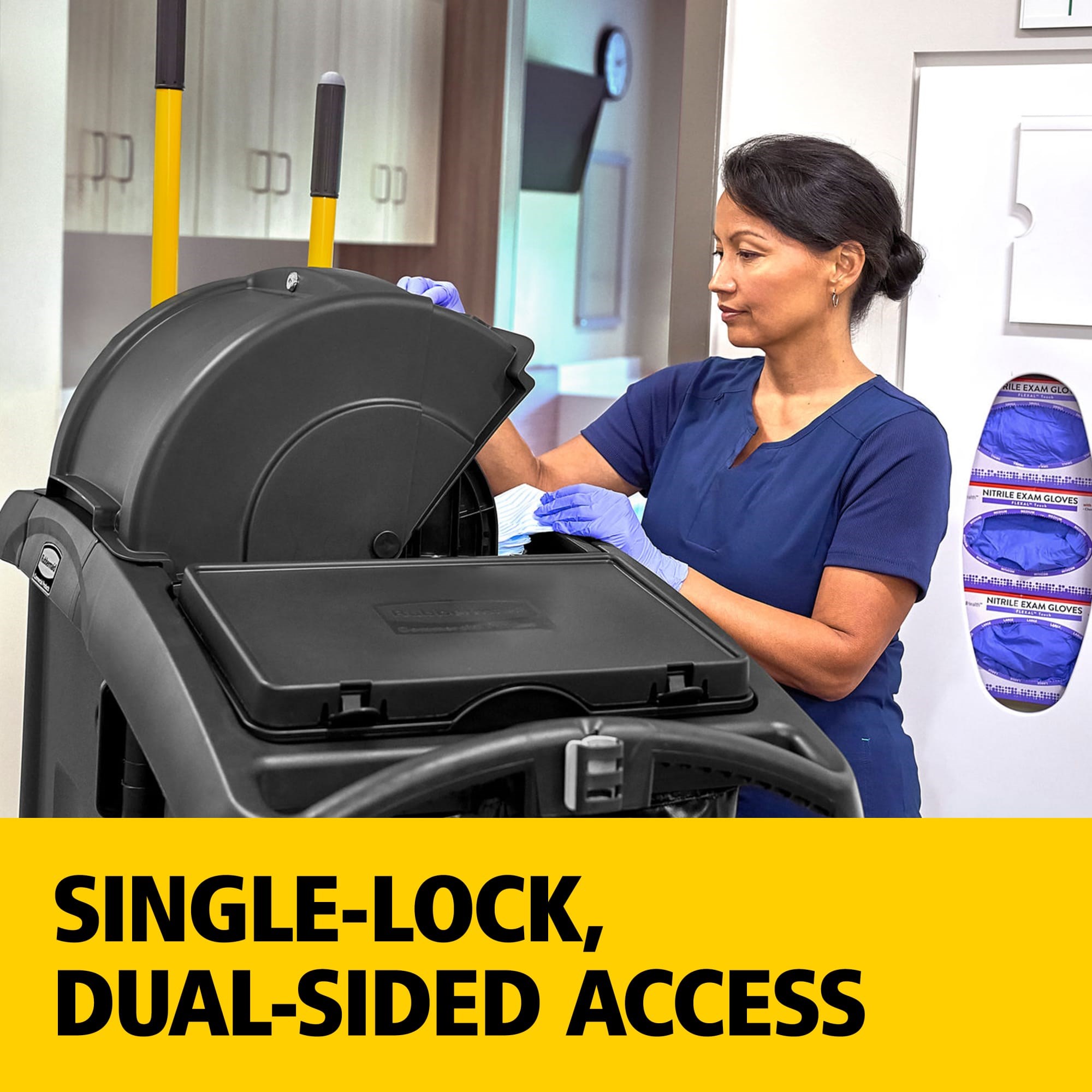 The Rubbermaid Commercial Products® Locking Security Hood, designed for RCP High-Capacity and High-Security Janitorial Cleaning Carts, combines secure supply concealment with single-lock access to secured storage areas, keeping essential supplies protected and within reach.