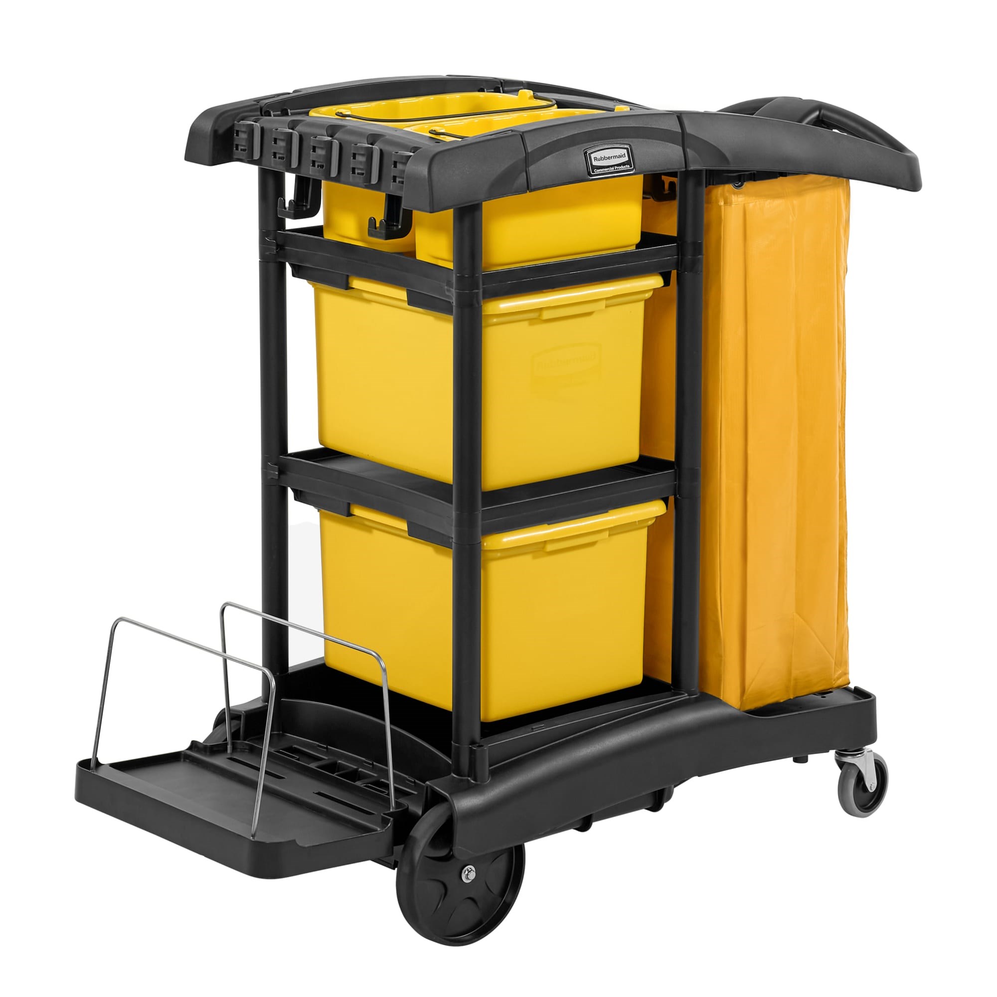 The Rubbermaid Commercial Products® High-Capacity Janitorial Cleaning Cart with Bins keeps teams organized and fully equipped. Expansive storage with removable bins and caddies allows staff to pre-stock cleaning supplies, reducing downtime during shifts.