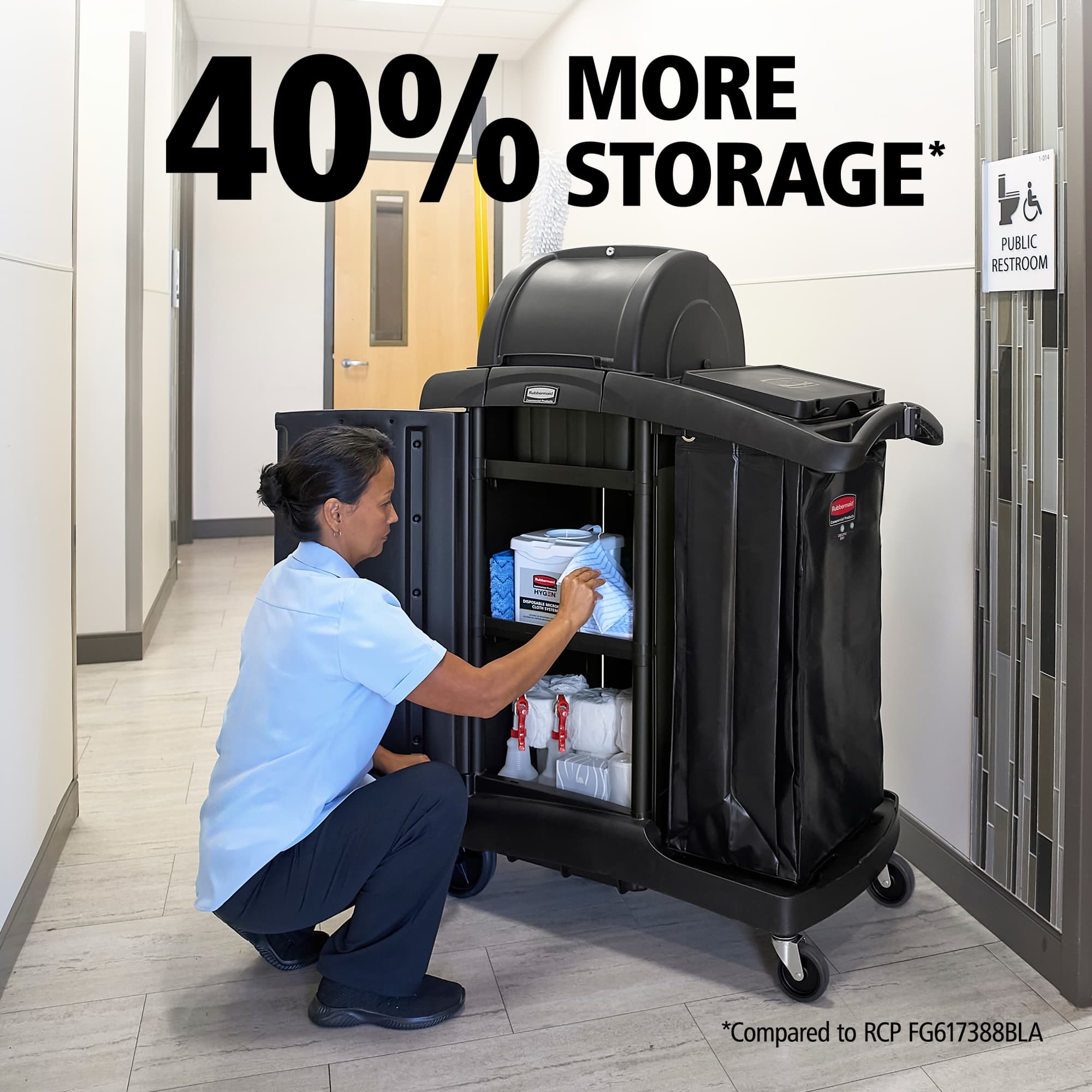 The Rubbermaid Commercial Products® High-Security Executive Janitorial Cleaning Cart delivers enhanced security, expansive storage, and efficient access to secured areas, supporting productive workflows while safeguarding essential supplies.