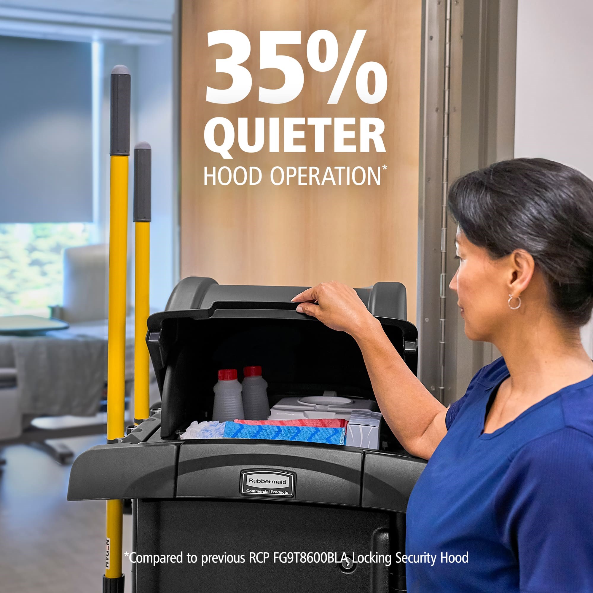 The Rubbermaid Commercial Products® High-Security Executive Janitorial Cleaning Cart delivers enhanced security, expansive storage, and efficient access to secured areas, supporting productive workflows while safeguarding essential supplies.