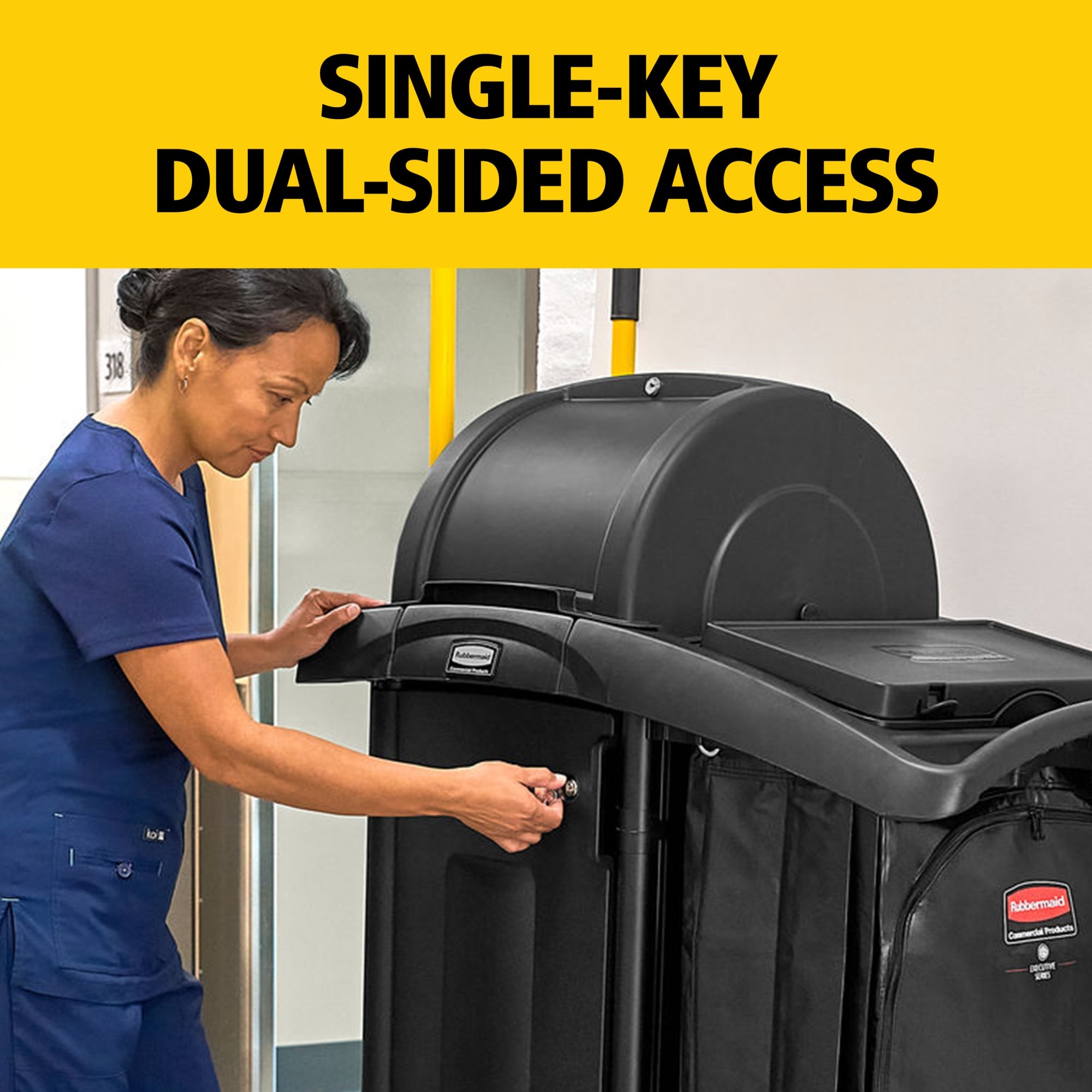 The Rubbermaid Commercial Products® High-Security Executive Janitorial Cleaning Cart delivers enhanced security, expansive storage, and efficient access to secured areas, supporting productive workflows while safeguarding essential supplies.