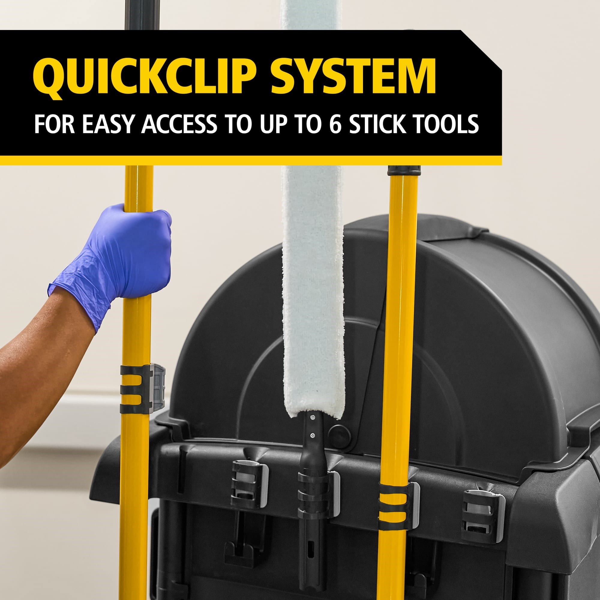 The Rubbermaid Commercial Products® High-Security Executive Janitorial Cleaning Cart delivers enhanced security, expansive storage, and efficient access to secured areas, supporting productive workflows while safeguarding essential supplies.