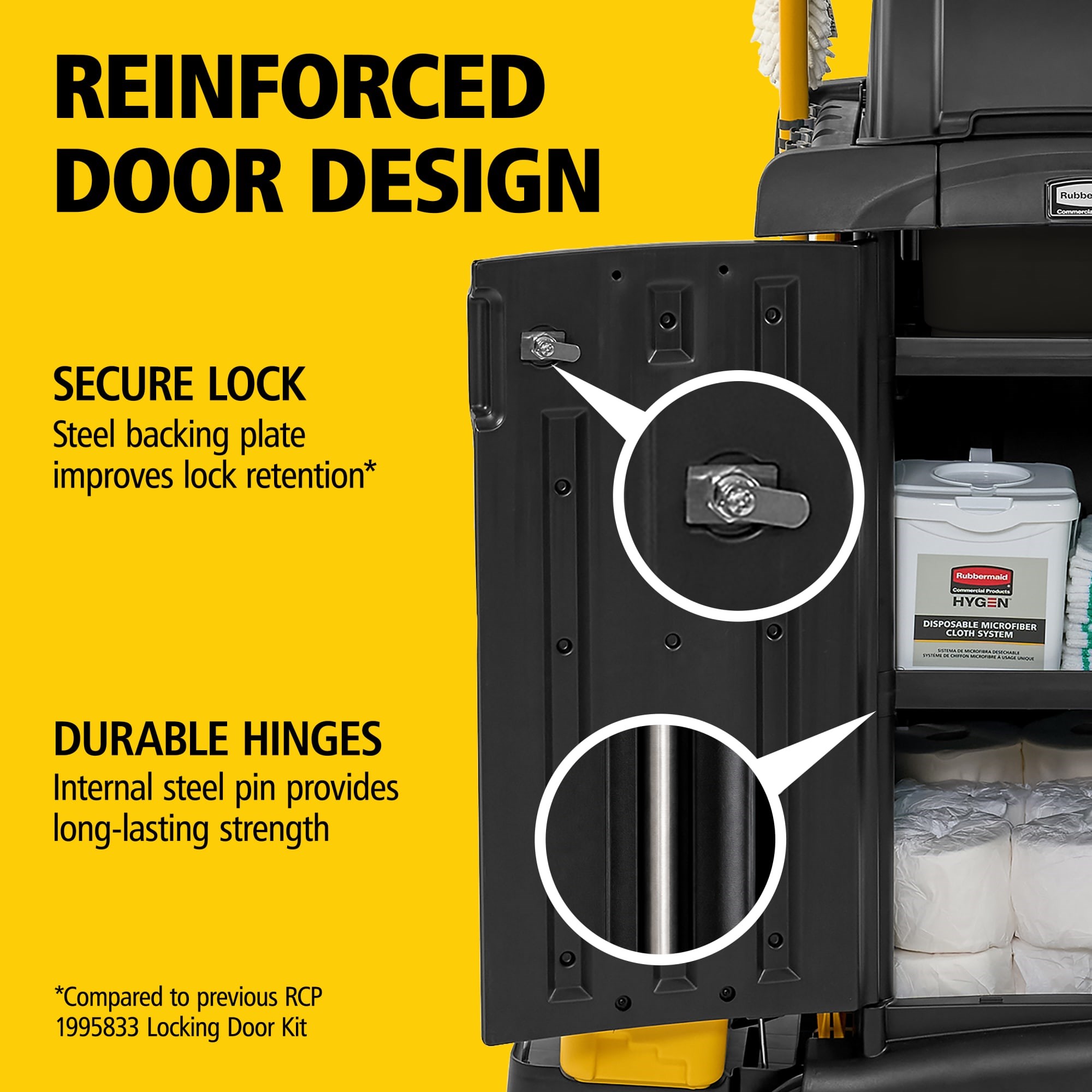 The Rubbermaid Commercial Products® High-Security Executive Janitorial Cleaning Cart delivers enhanced security, expansive storage, and efficient access to secured areas, supporting productive workflows while safeguarding essential supplies.