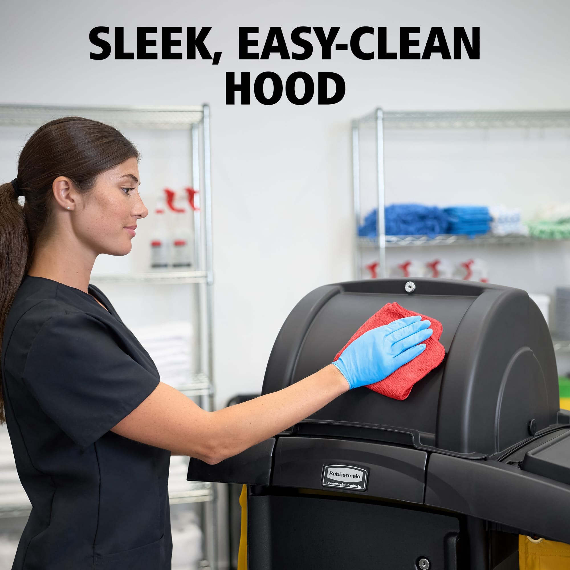 The Rubbermaid Commercial Products® High-Security Executive Janitorial Cleaning Cart delivers enhanced security, expansive storage, and efficient access to secured areas, supporting productive workflows while safeguarding essential supplies.