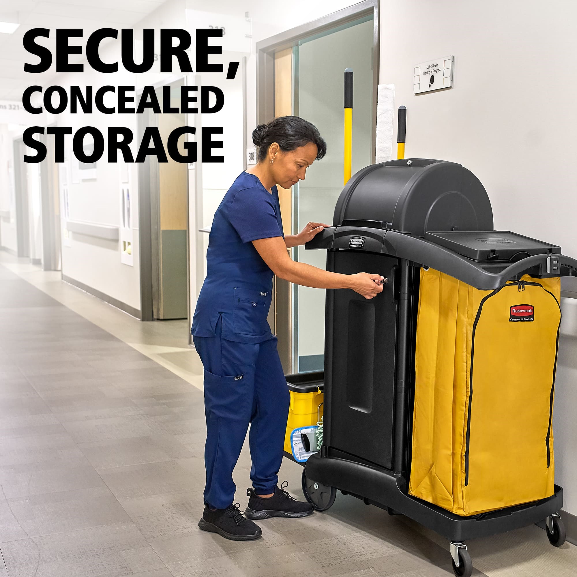 The Rubbermaid Commercial Products® Locking Security Doors, designed for RCP High-Capacity and High-Security Janitorial Cleaning Carts, combine supply concealment with reinforced durability to help maintain an elevated facility appearance and protect essential cleaning products.