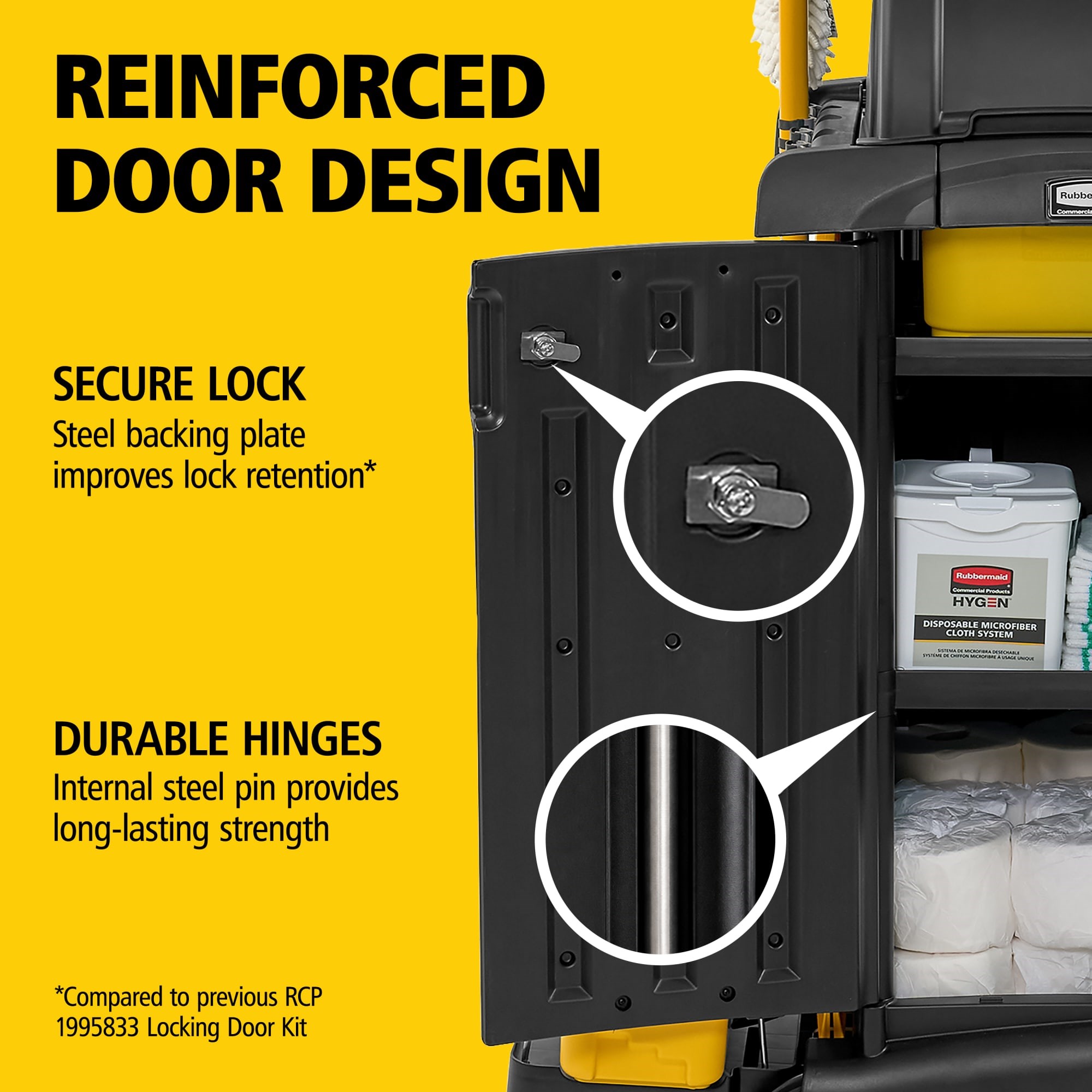 The Rubbermaid Commercial Products® Locking Security Doors, designed for RCP High-Capacity and High-Security Janitorial Cleaning Carts, combine supply concealment with reinforced durability to help maintain an elevated facility appearance and protect essential cleaning products.