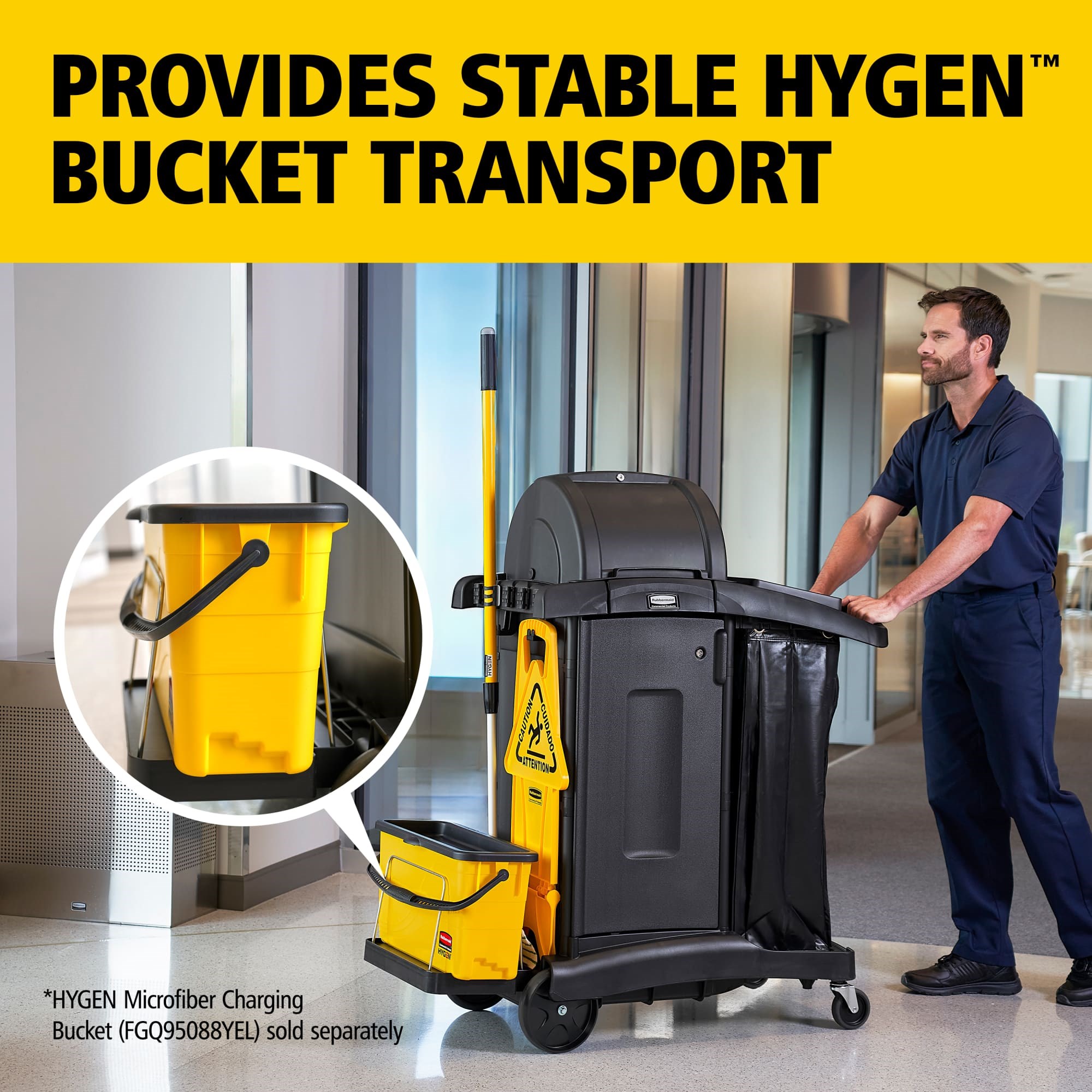 The Rubbermaid Commercial Products® HYGEN™ Microfiber Charging Bucket Stabilizers help maintain stable transport of microfiber charging buckets on all current RCP Janitorial Cleaning Carts.