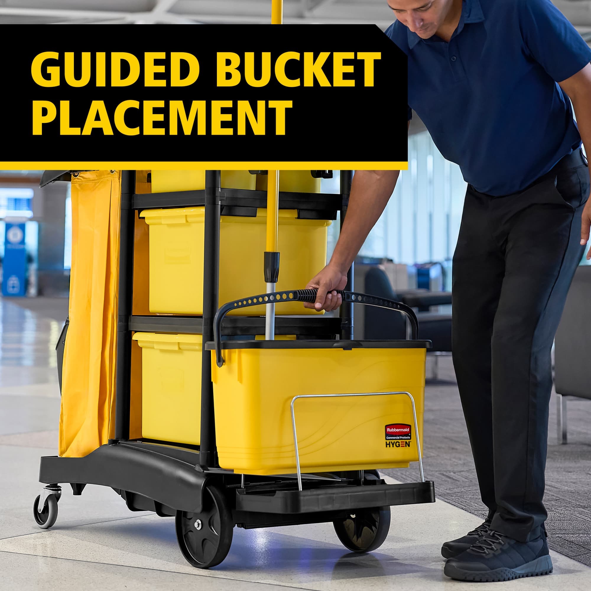 The Rubbermaid Commercial Products® HYGEN™ Microfiber Charging Bucket Stabilizers help maintain stable transport of microfiber charging buckets on all current RCP Janitorial Cleaning Carts.