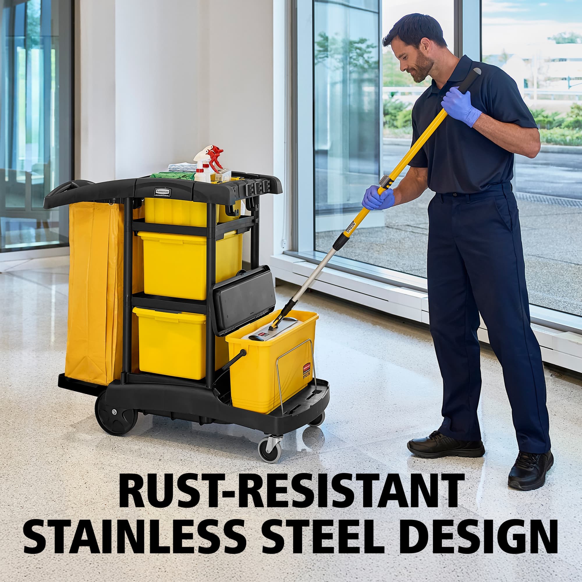 The Rubbermaid Commercial Products® HYGEN™ Microfiber Charging Bucket Stabilizers help maintain stable transport of microfiber charging buckets on all current RCP Janitorial Cleaning Carts.