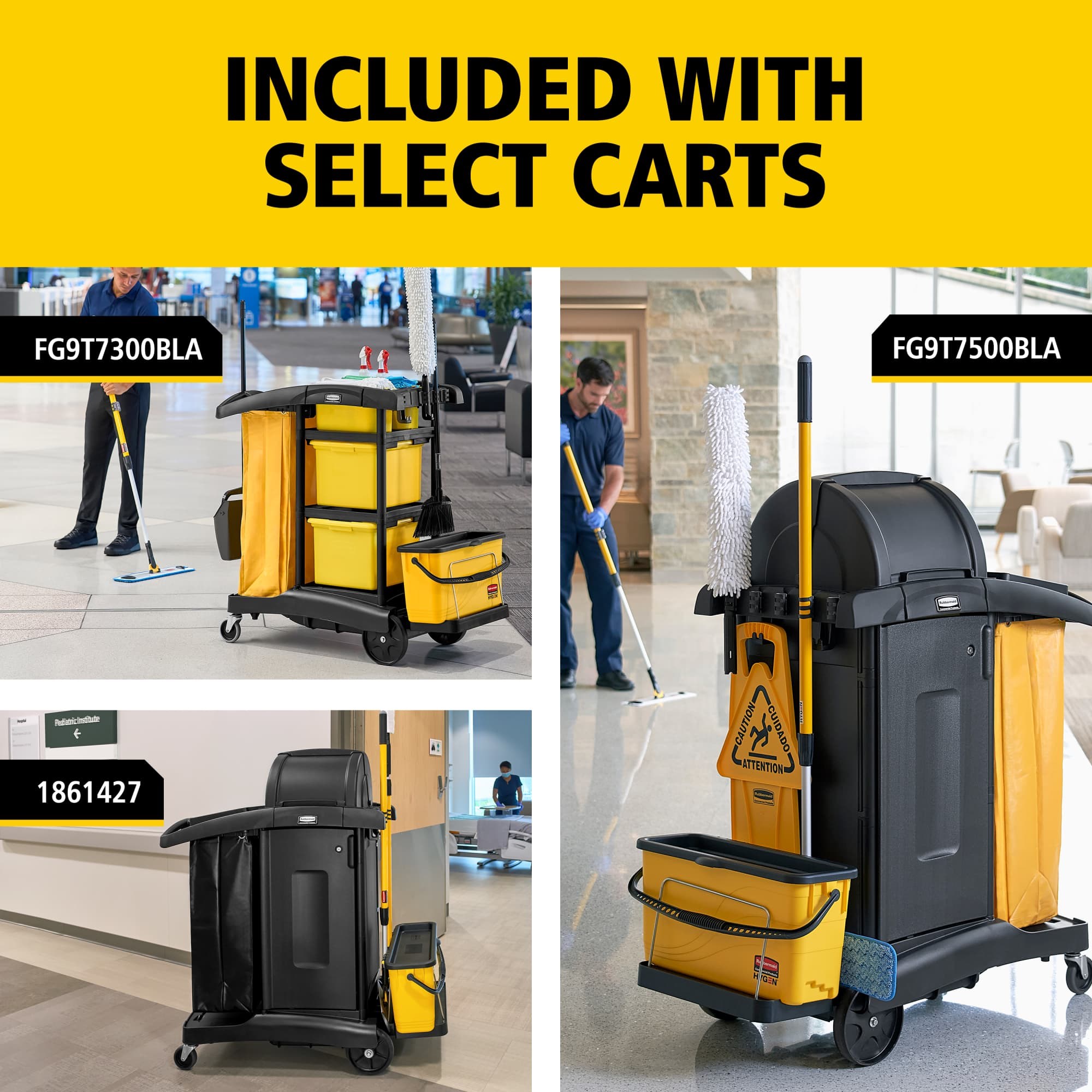 The Rubbermaid Commercial Products® HYGEN™ Microfiber Charging Bucket Stabilizers help maintain stable transport of microfiber charging buckets on all current RCP Janitorial Cleaning Carts.