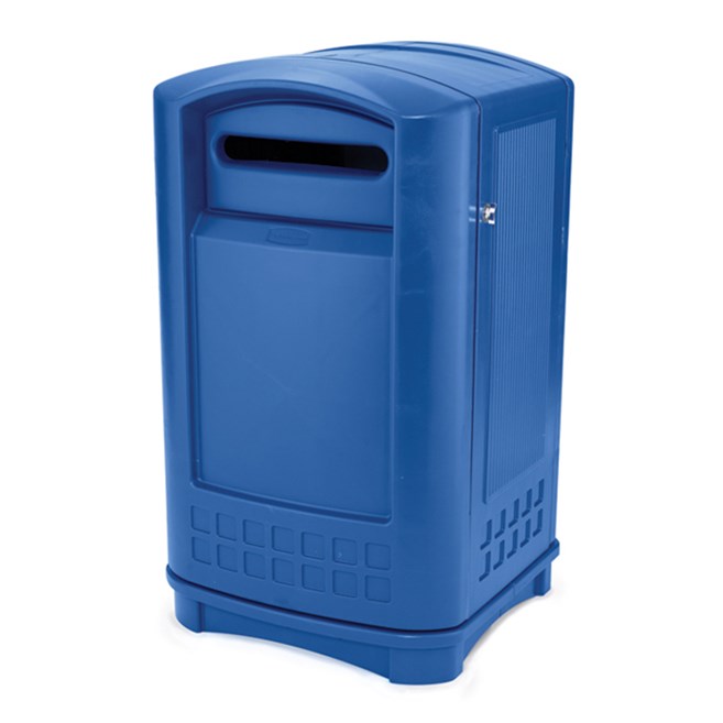 The Rubbermaid Commercial Plaza Jr. Trash Can offers contemporary styling with a side-opening door for ergonomic waste emptying.