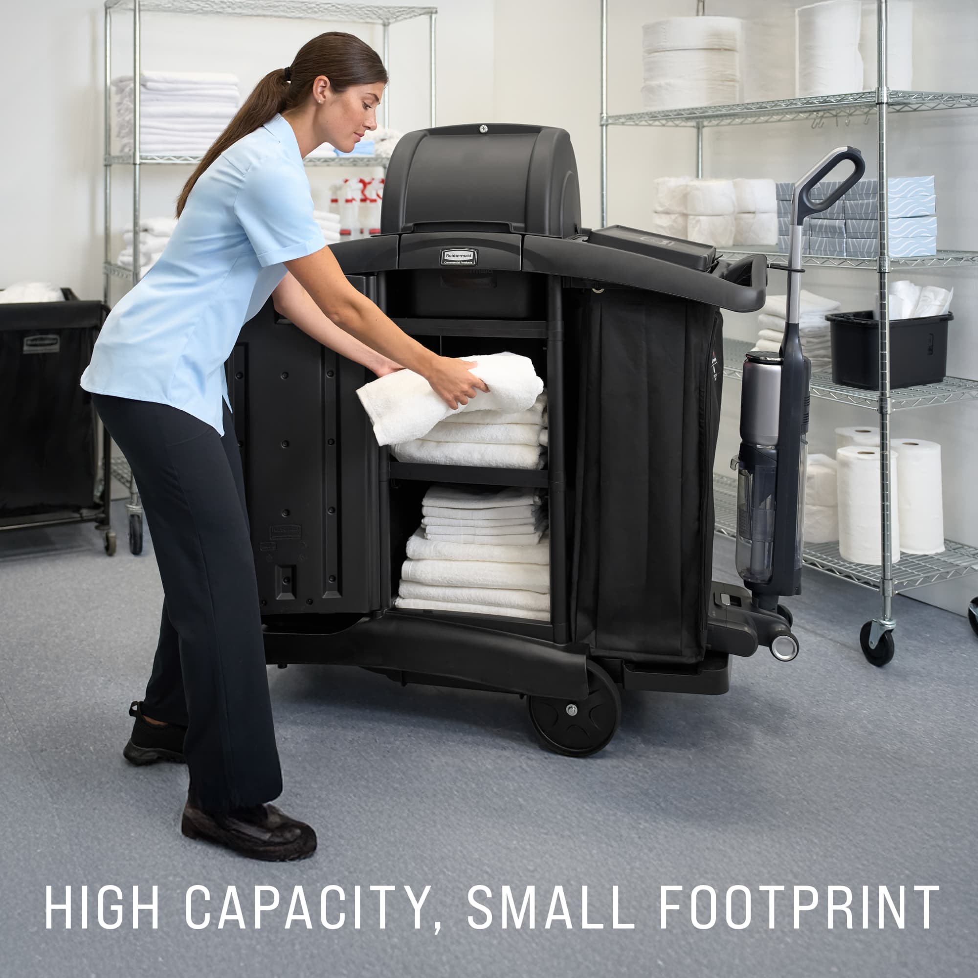 The Rubbermaid Commercial Products® High-Security Executive Housekeeping Compact Cart combines compact mobility and organized storage, helping housekeeping teams move efficiently through guest-facing spaces with a polished, professional appearance.
