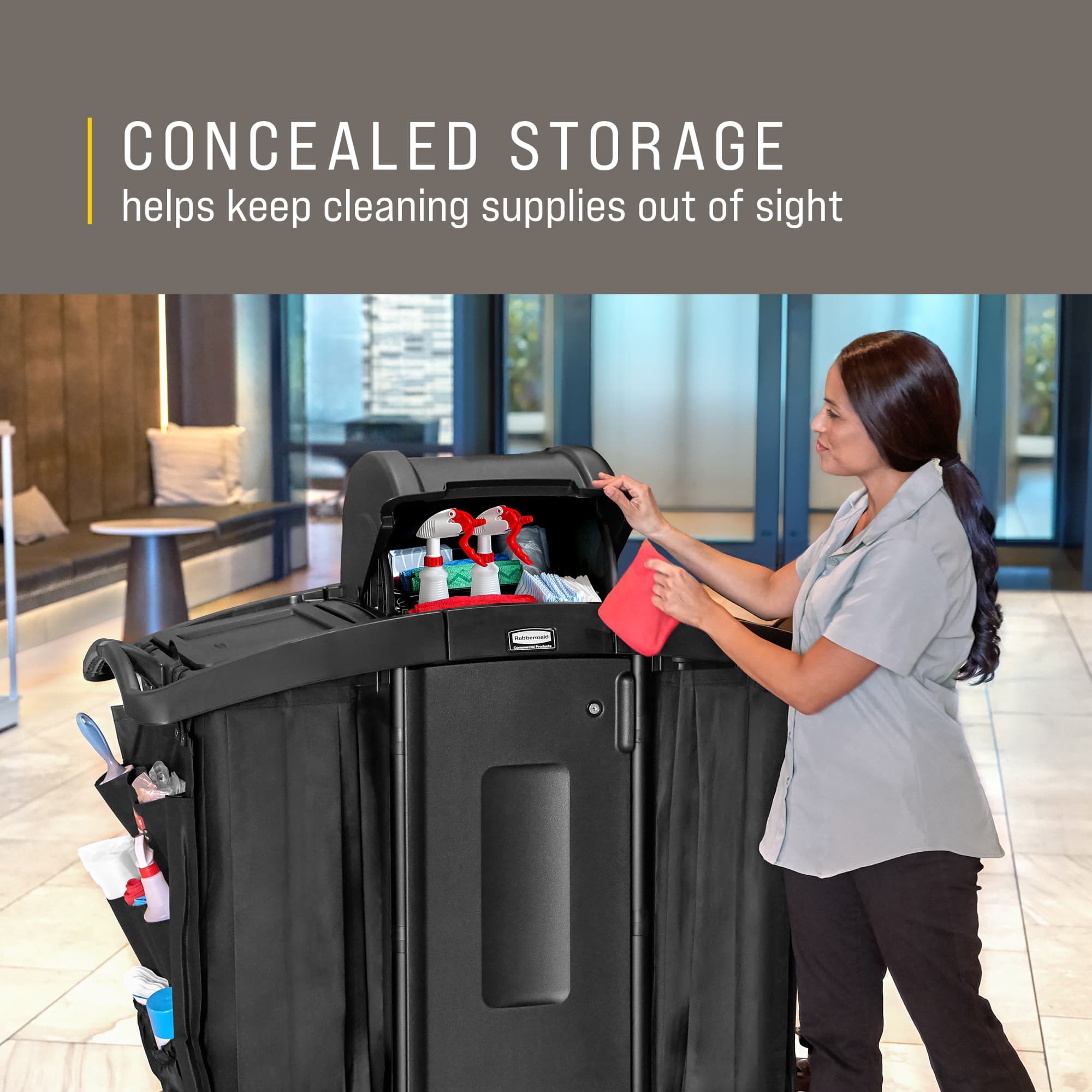 The Rubbermaid Commercial Products® High-Security Executive Housekeeping Compact Cart combines compact mobility and organized storage, helping housekeeping teams move efficiently through guest-facing spaces with a polished, professional appearance.