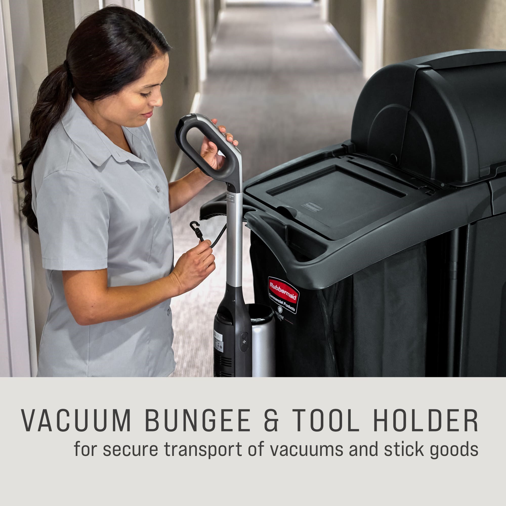 The Rubbermaid Commercial Products® High-Security Executive Housekeeping Compact Cart combines compact mobility and organized storage, helping housekeeping teams move efficiently through guest-facing spaces with a polished, professional appearance.