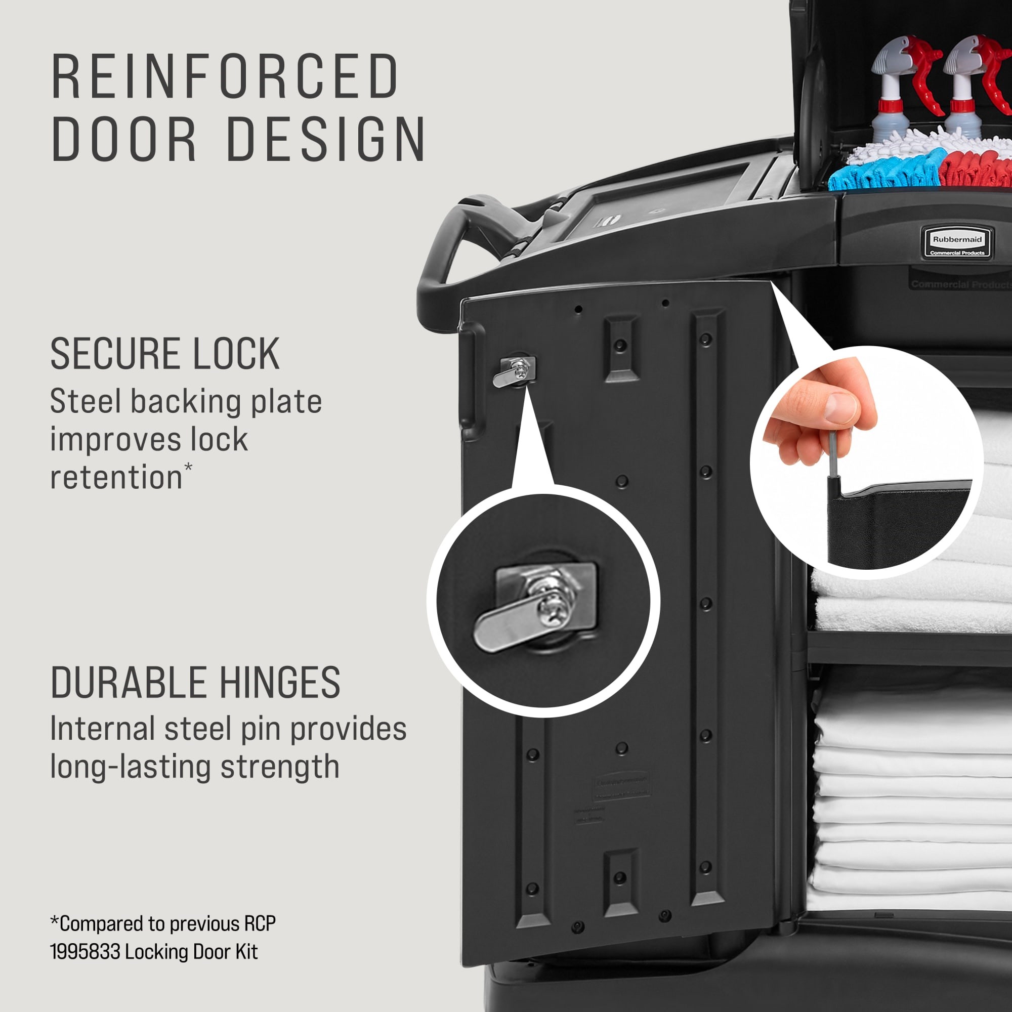 The Rubbermaid Commercial Products® High-Security Executive Housekeeping Compact Cart combines compact mobility and organized storage, helping housekeeping teams move efficiently through guest-facing spaces with a polished, professional appearance.