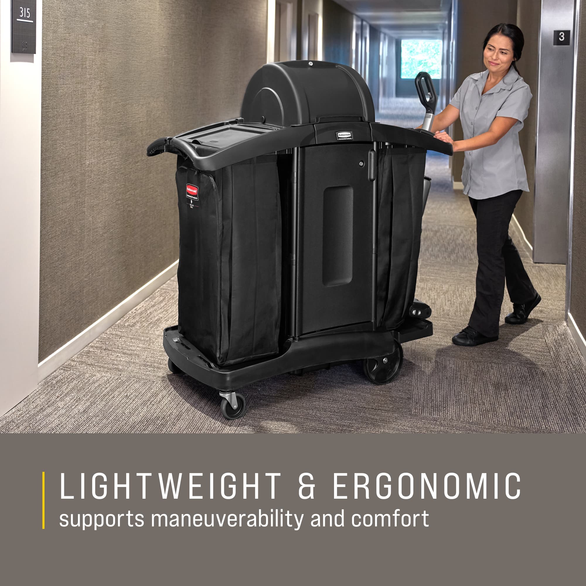 The Rubbermaid Commercial Products® High-Security Executive Housekeeping Compact Cart combines compact mobility and organized storage, helping housekeeping teams move efficiently through guest-facing spaces with a polished, professional appearance.