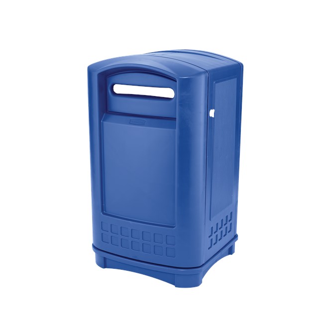 The Rubbermaid Commercial Plaza Jr. Trash Can offers contemporary styling with a side-opening door for ergonomic waste emptying.